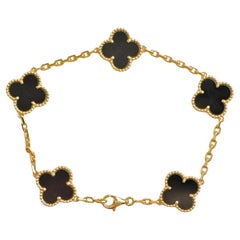 Van Cleef & Arpels Vintage Alhambra 5 Motif Onyx 18k Yellow Gold Bracelet
