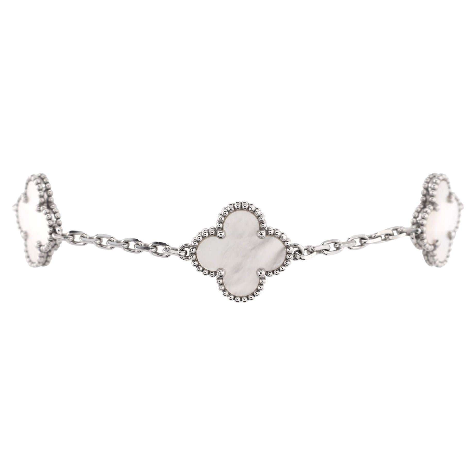 Van Cleef & Arpels Vintage Alhambra 5 Motifs Bracelet 18K White Gold and Pearl