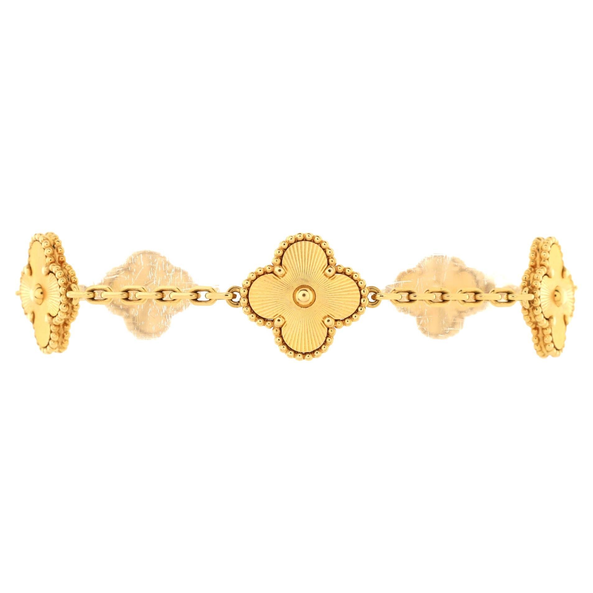 Van Cleef & Arpels Vintage Alhambra 5 Motifs Bracelet Guilloche 18K Yellow Gold