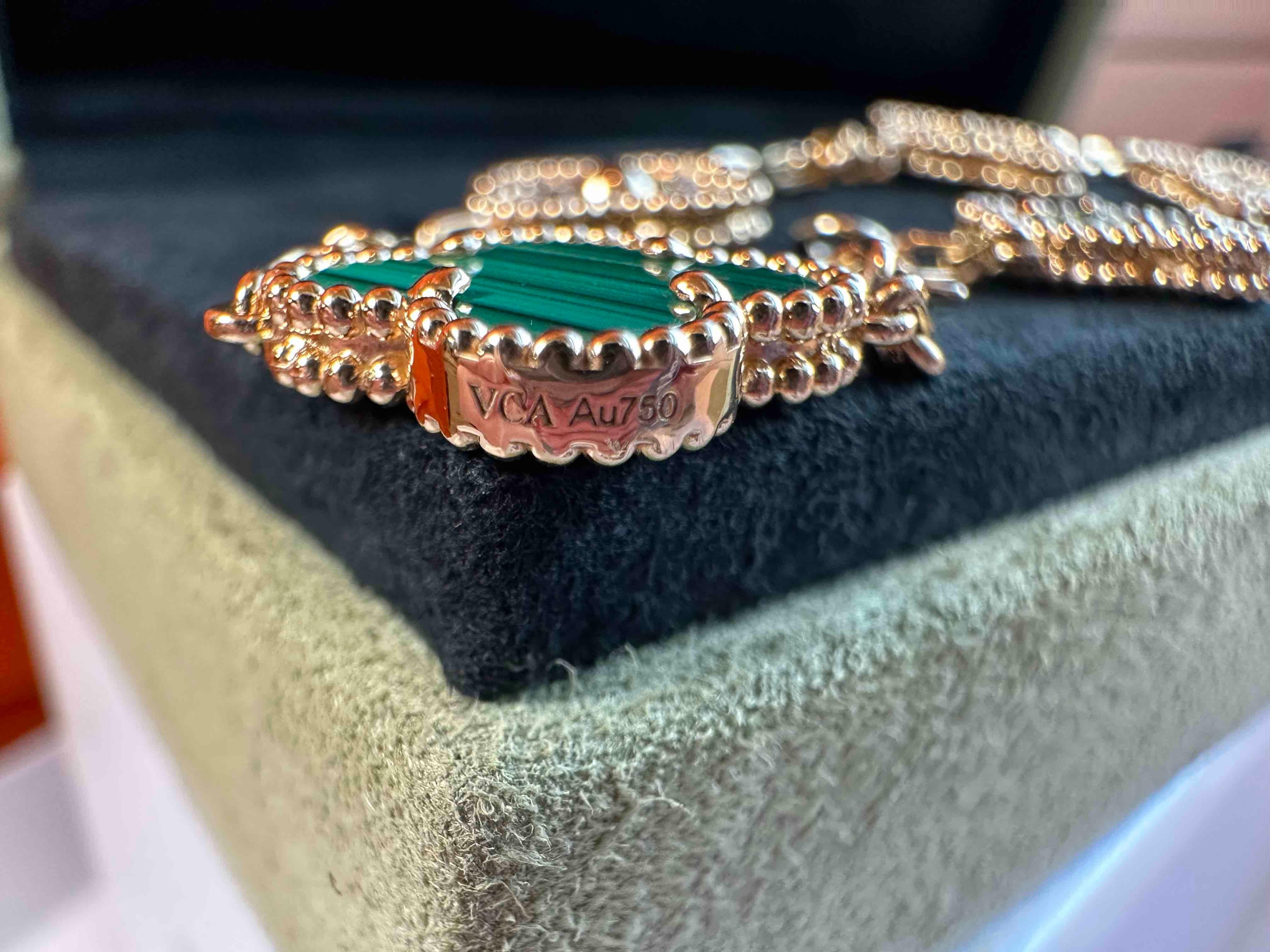 Van Cleef Arpels Vintage Alhambra 5 Motifs Diamond Bracelet, Malachite, YG 8