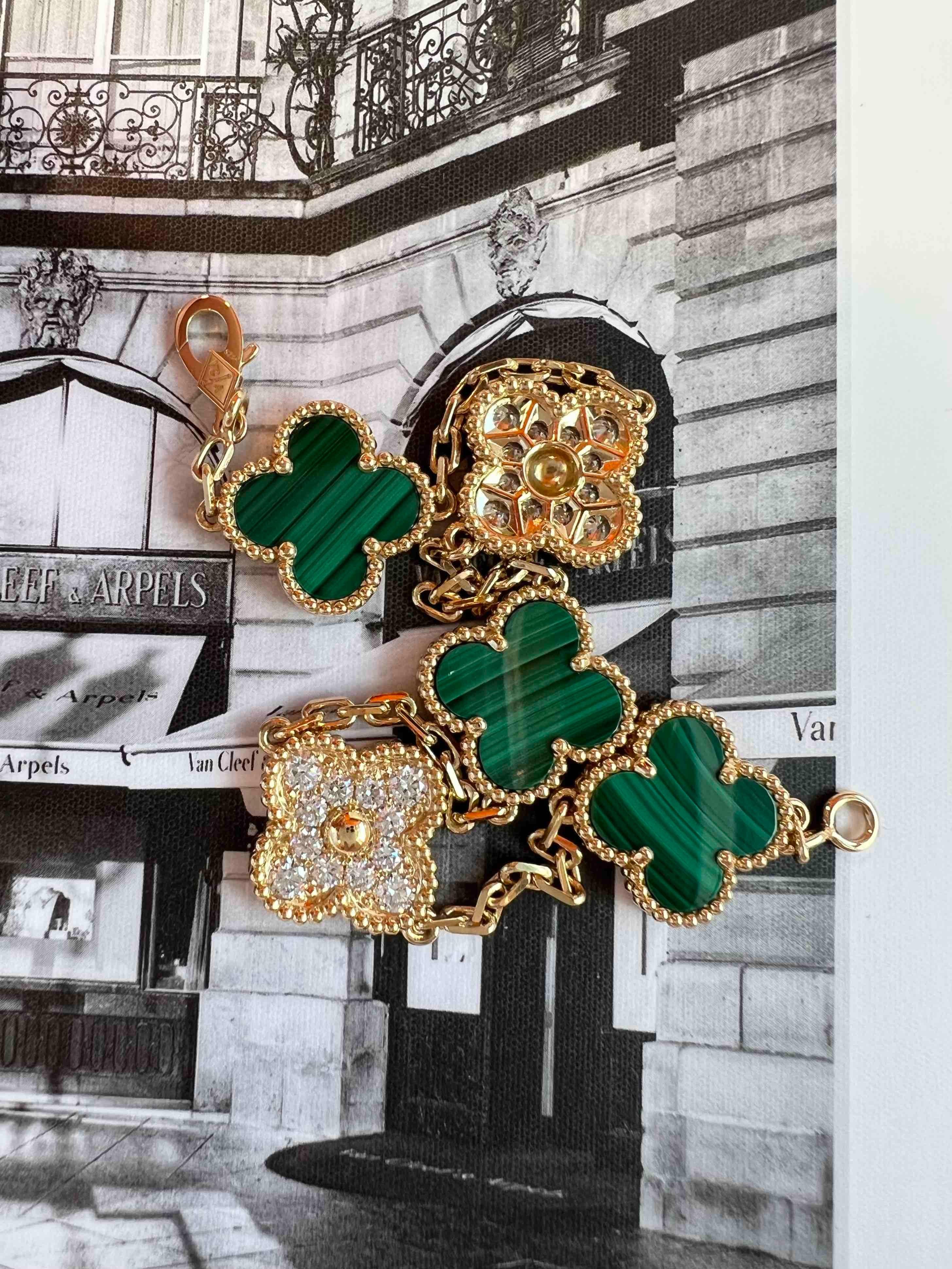 Van Cleef Arpels Vintage Alhambra 5 Motifs Diamond Bracelet, Malachite, YG 1