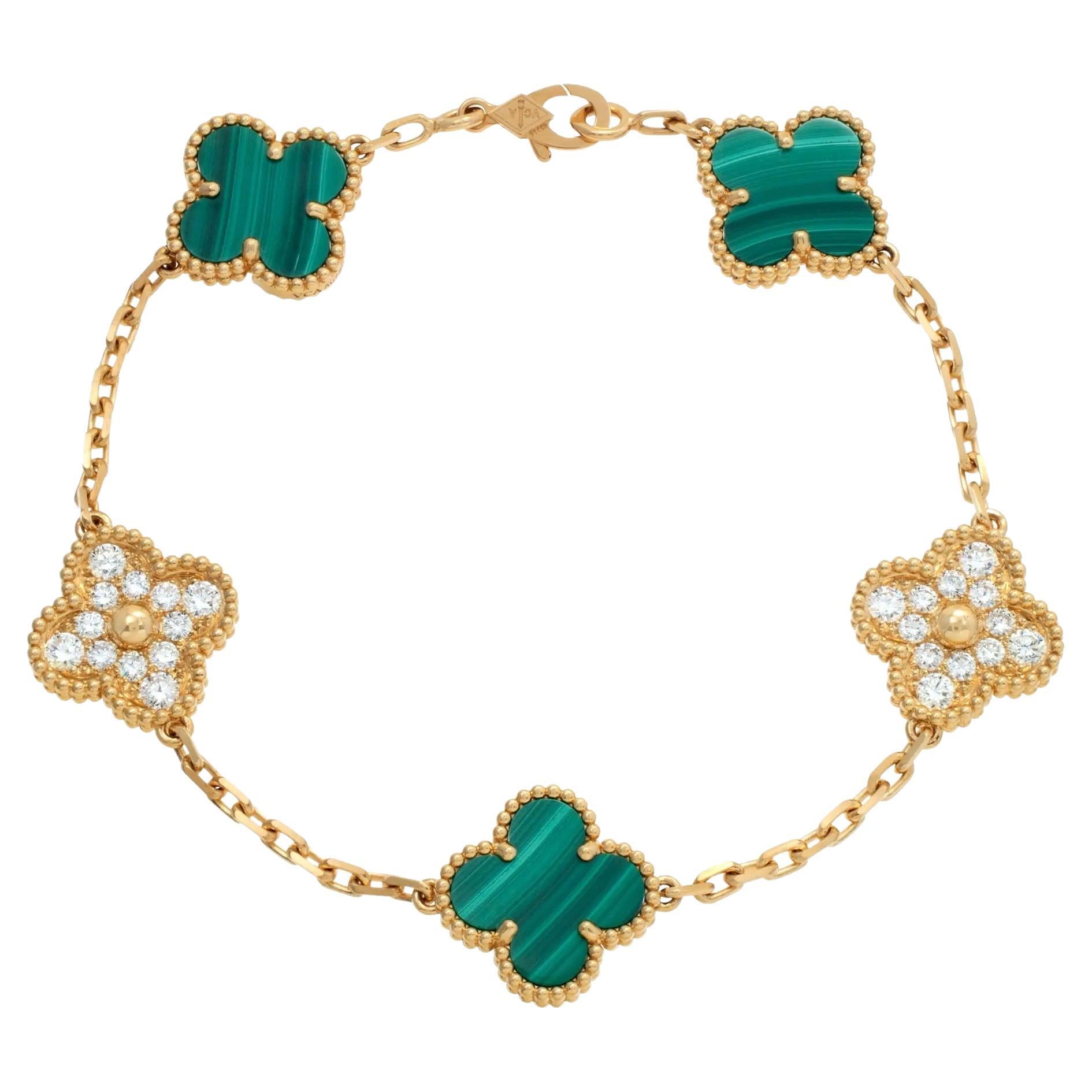 Van Cleef And Arpels 5 Motif Vintage Alhambra Malachite Gold Bracelet 
