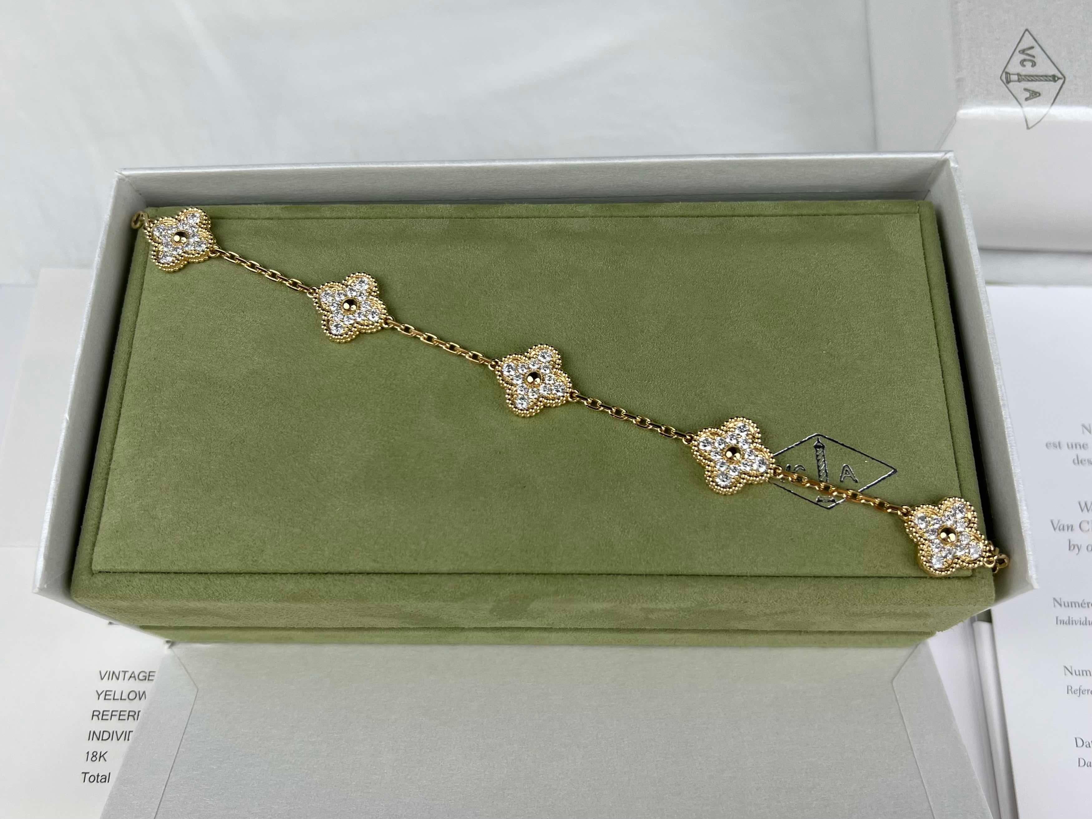 Van Cleef & Arpels Vintage Alhambra 5 Motifs Diamond Bracelet, Yellow Gold 4