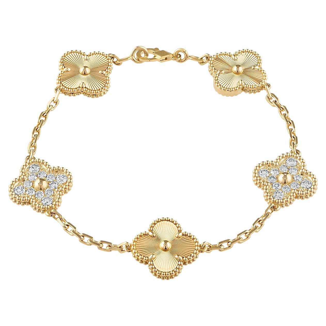 Van Cleef & Arpels Vintage Alhambra 5 Motifs Guilloche Diamond Bracelet