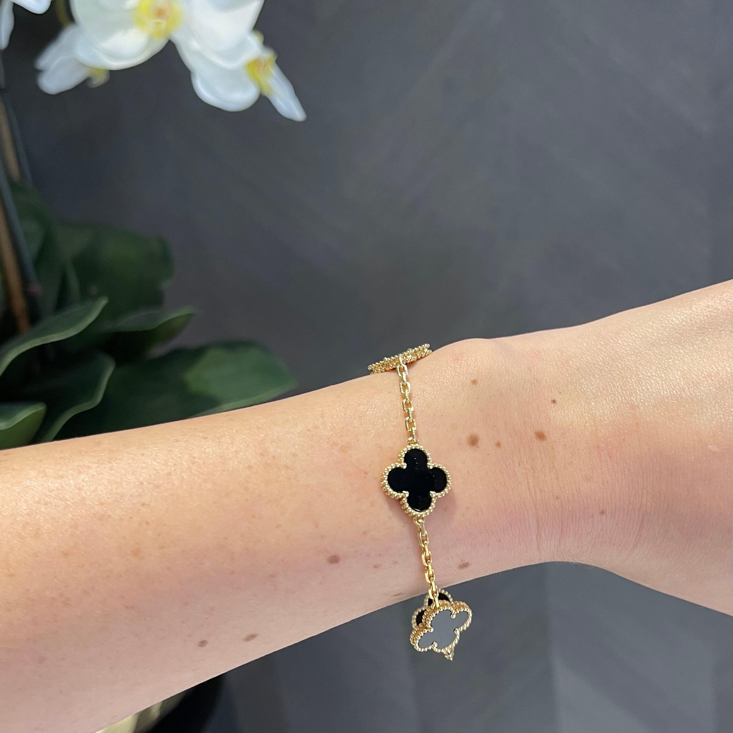 Van Cleef & Arpels Vintage Alhambra 5 Motifs Onyx Bracelet 18k Yellow Gold 1