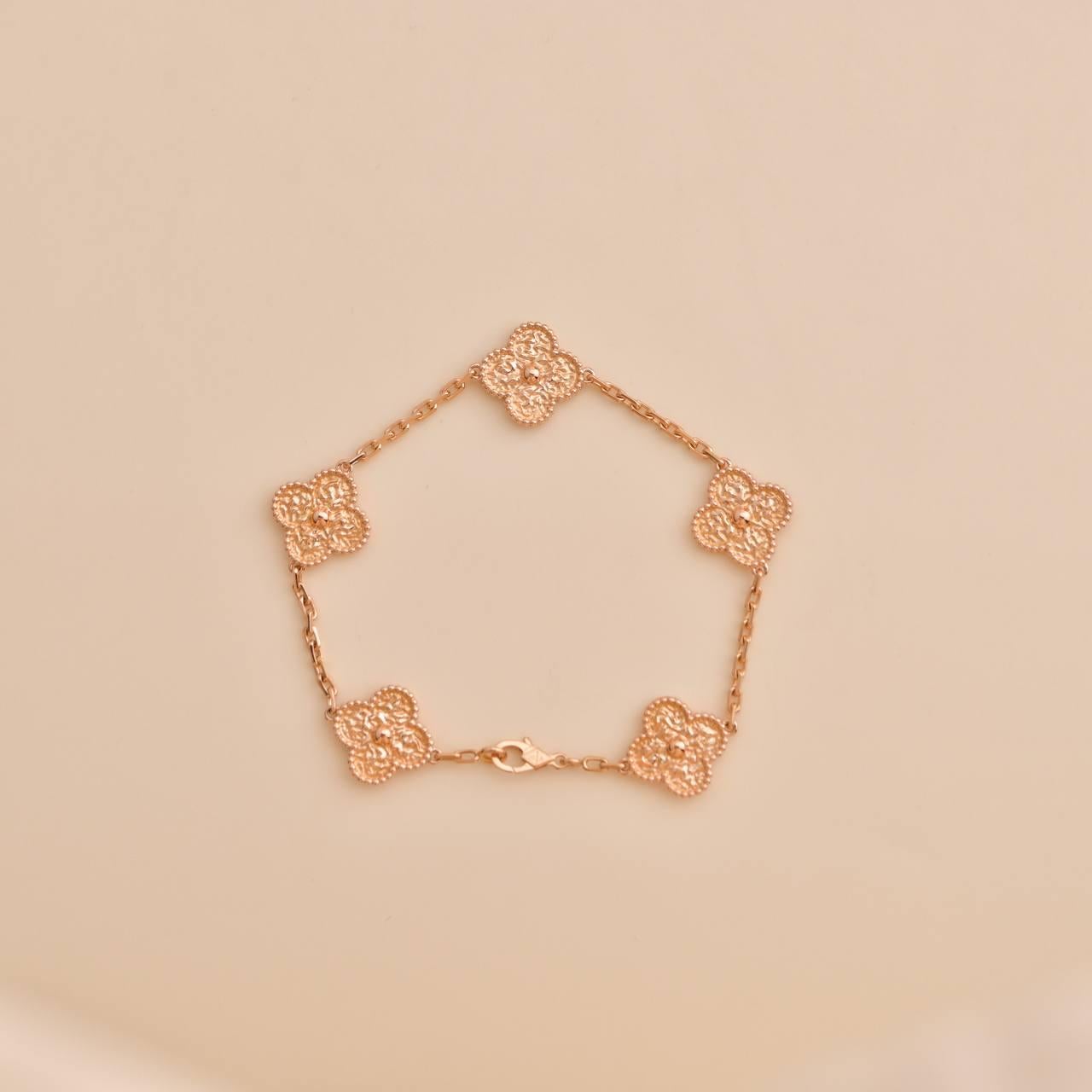 Van Cleef & Arpels Vintage Alhambra 5 Motifs Rose Gold Bracelet In Excellent Condition In Banbury, GB