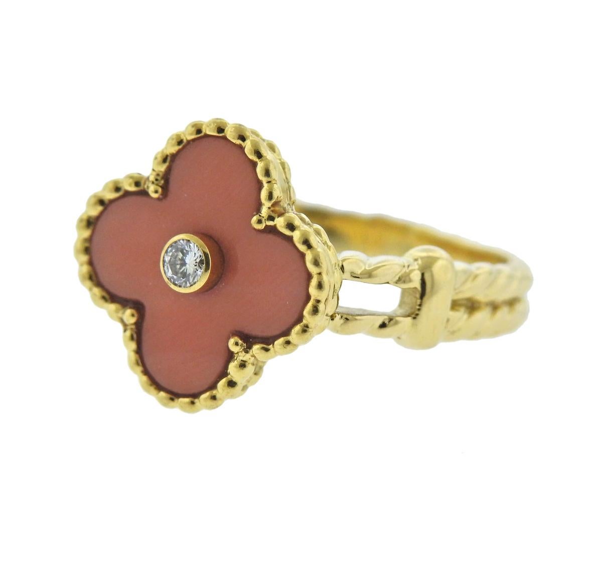 18k yellow gold clover ring, crafted by Van Cleef & Arpels for iconic Vintage Alhambra collection, set with angel skin coral top and 0.06ct VVS/FG diamond. Ring size - 7, ring top - 14.5mm x 14.5mm, weighs 6.4 grams. Marked: VCA, 750, B5938K***.