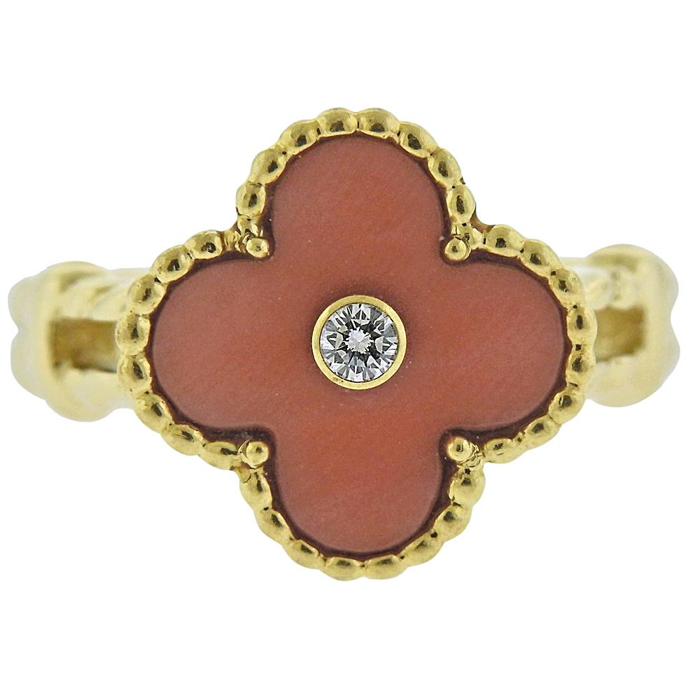 Van Cleef & Arpels Vintage Alhambra Angel Skin Coral Diamond Ring For Sale