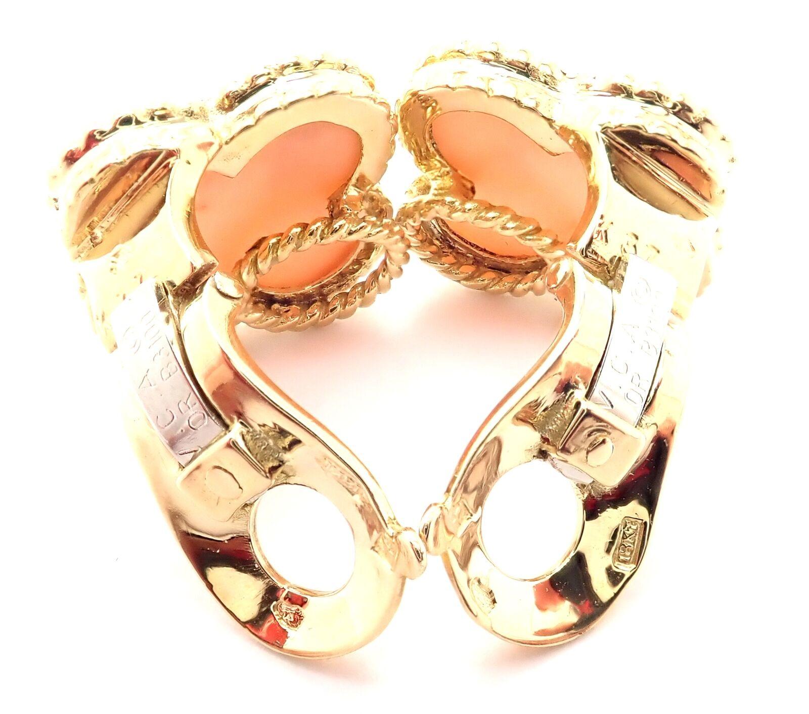 Van Cleef & Arpels Vintage Alhambra Angel Skin Coral Yellow Gold Earrings For Sale 2