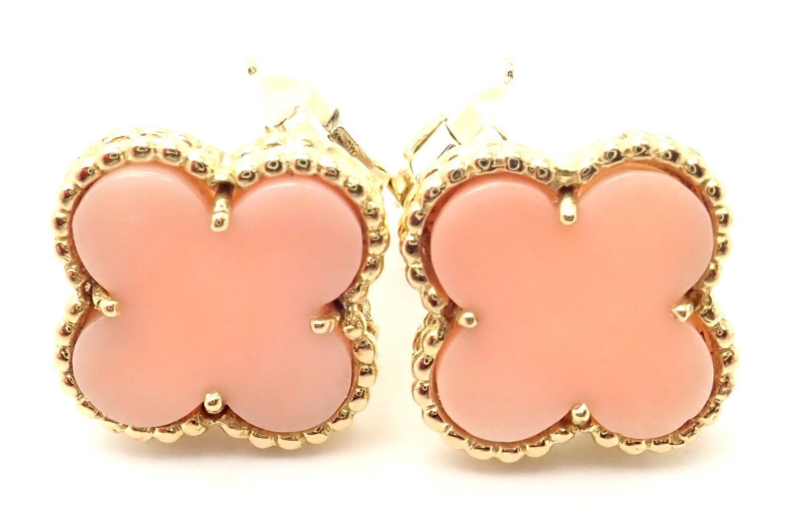 Women's or Men's Van Cleef & Arpels Vintage Alhambra Angel Skin Coral Yellow Gold Earrings For Sale