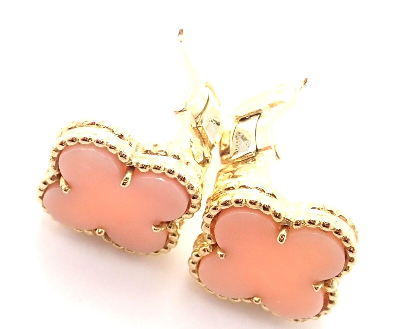 Van Cleef & Arpels Vintage Alhambra Angel Skin Coral Yellow Gold Earrings For Sale 1