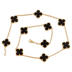 Van Cleef & Arpels Vintage Alhambra Black Onyx 10 Motif 18K Yellow Gold Necklace