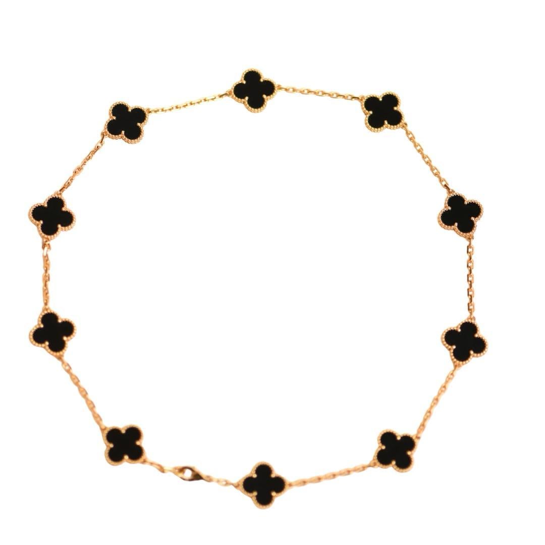 Van Cleef & Arpels Vintage Alhambra Black Onyx 10 Motif 18K Yellow Gold Necklace