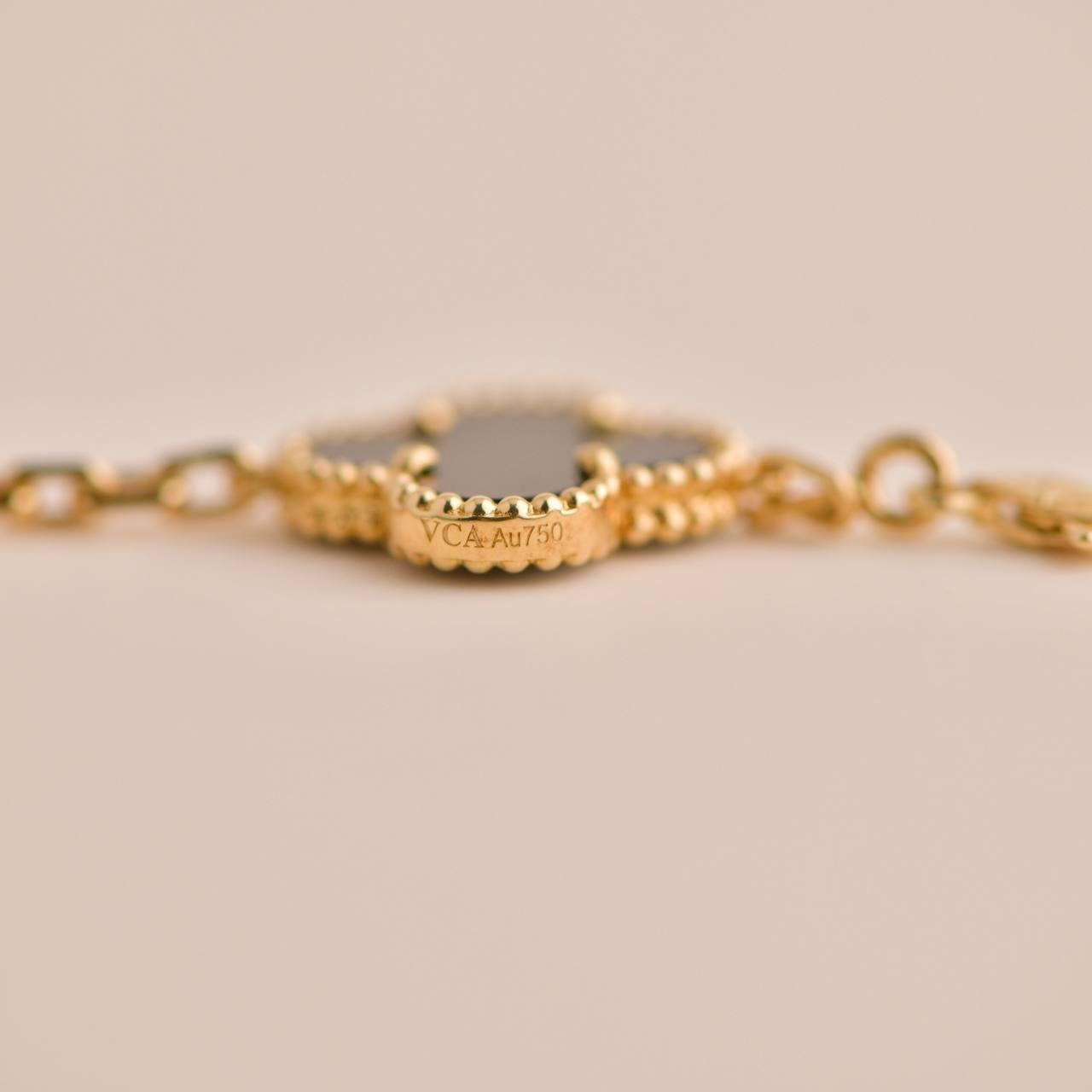 Uncut Van Cleef & Arpels Vintage Alhambra Black Onyx 10 Motif Yellow Gold Necklace