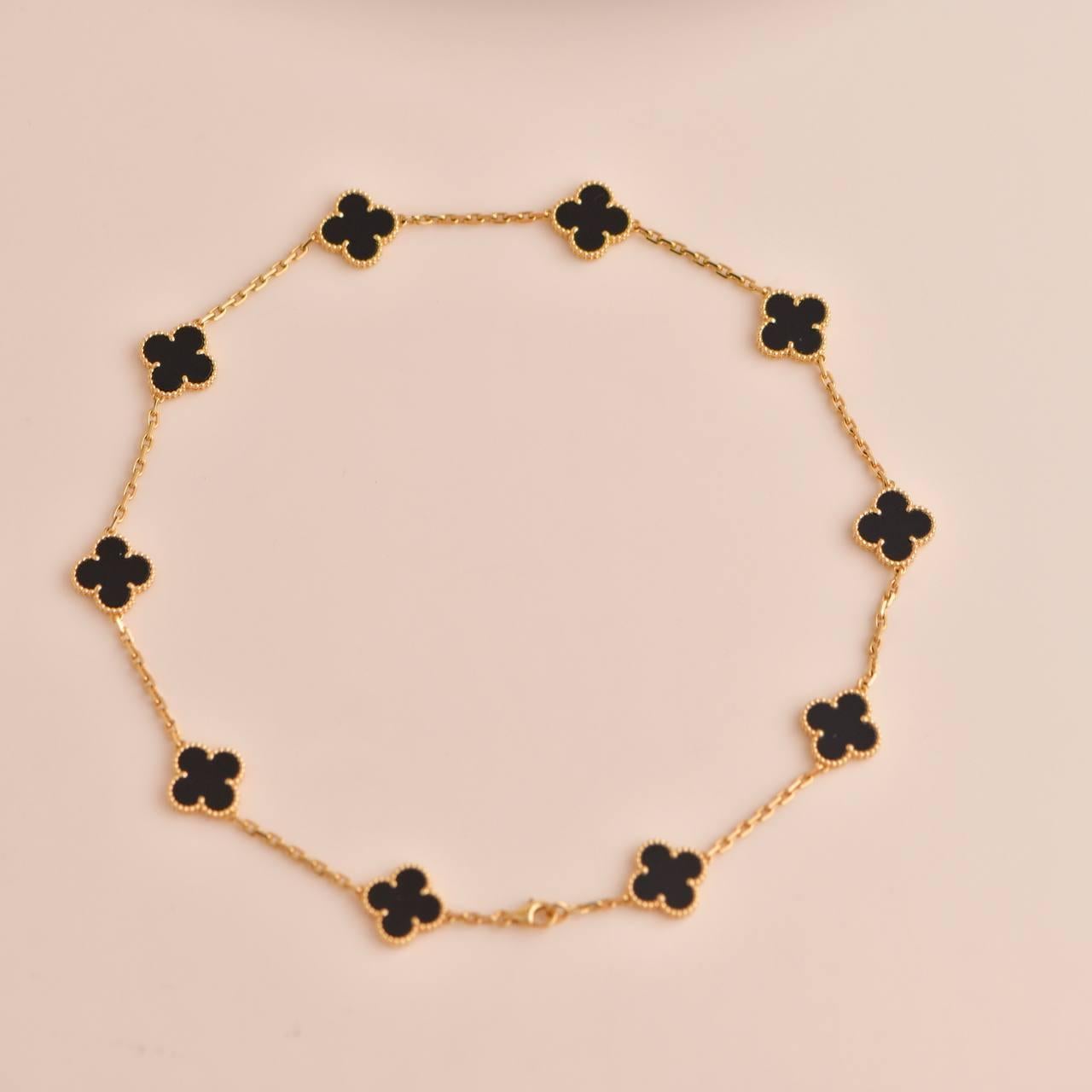 Van Cleef & Arpels Vintage Alhambra Black Onyx 10 Motif Yellow Gold Necklace 3