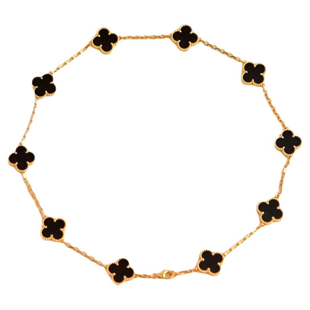 Van Cleef & Arpels Vintage Alhambra Black Onyx 10 Motif Yellow Gold Necklace