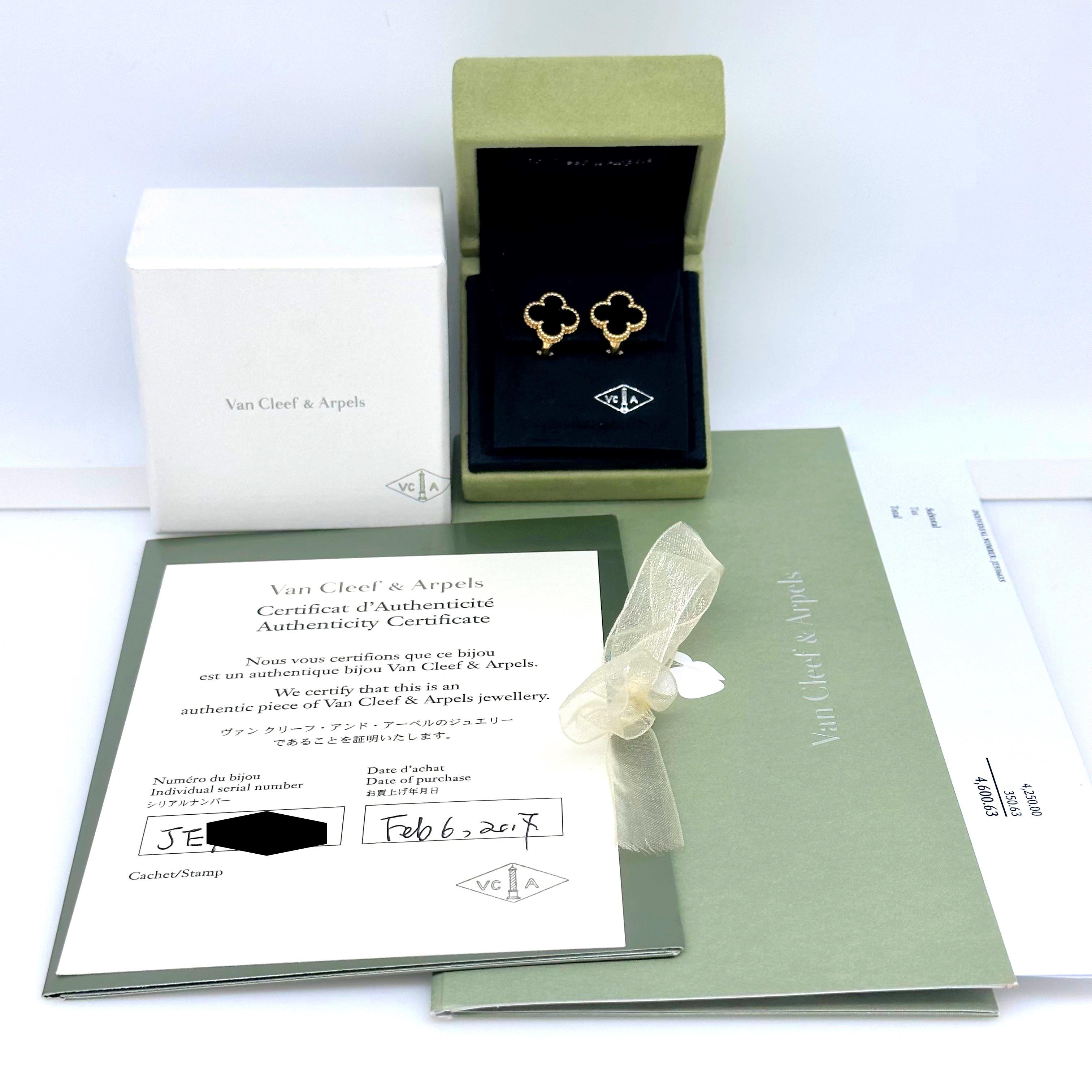 Van Cleef & Arpels Vintage Alhambra Black Onyx 18kt YG Earrings Full Set COA Box For Sale 3