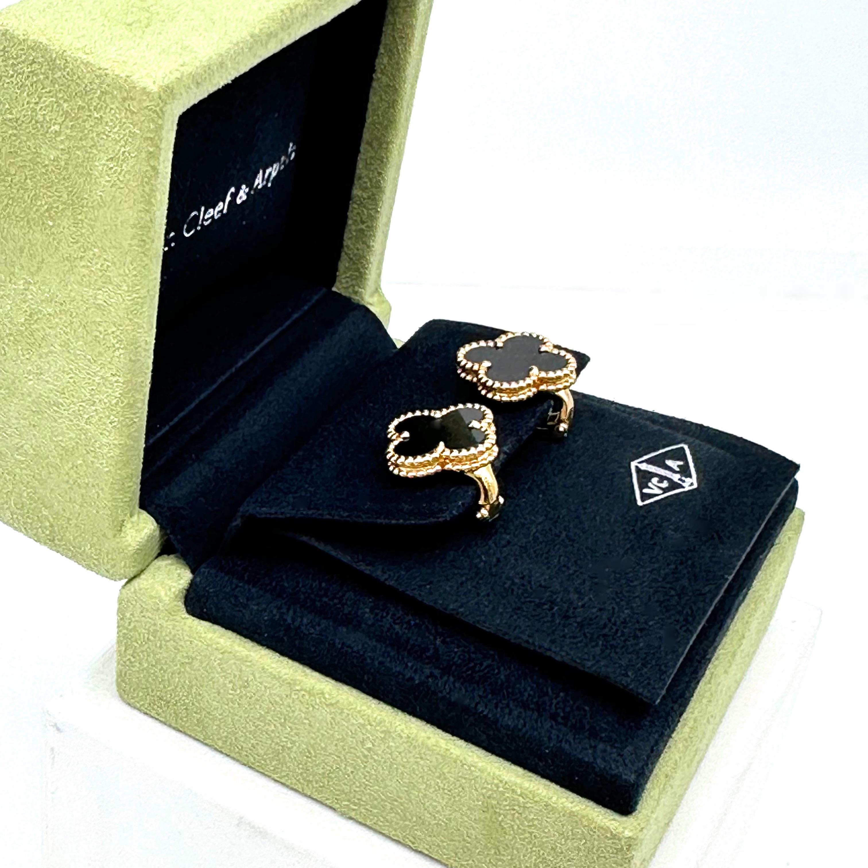 Van Cleef & Arpels Vintage Alhambra Black Onyx 18kt YG Earrings Full Set COA Box For Sale 5
