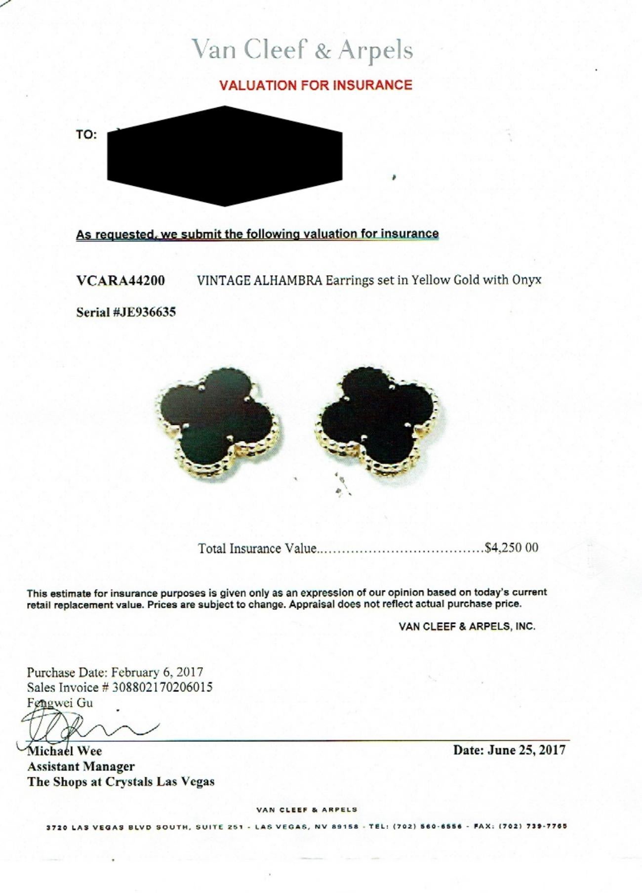 Van Cleef & Arpels Vintage Alhambra Black Onyx 18kt YG Earrings Full Set COA Box For Sale 6