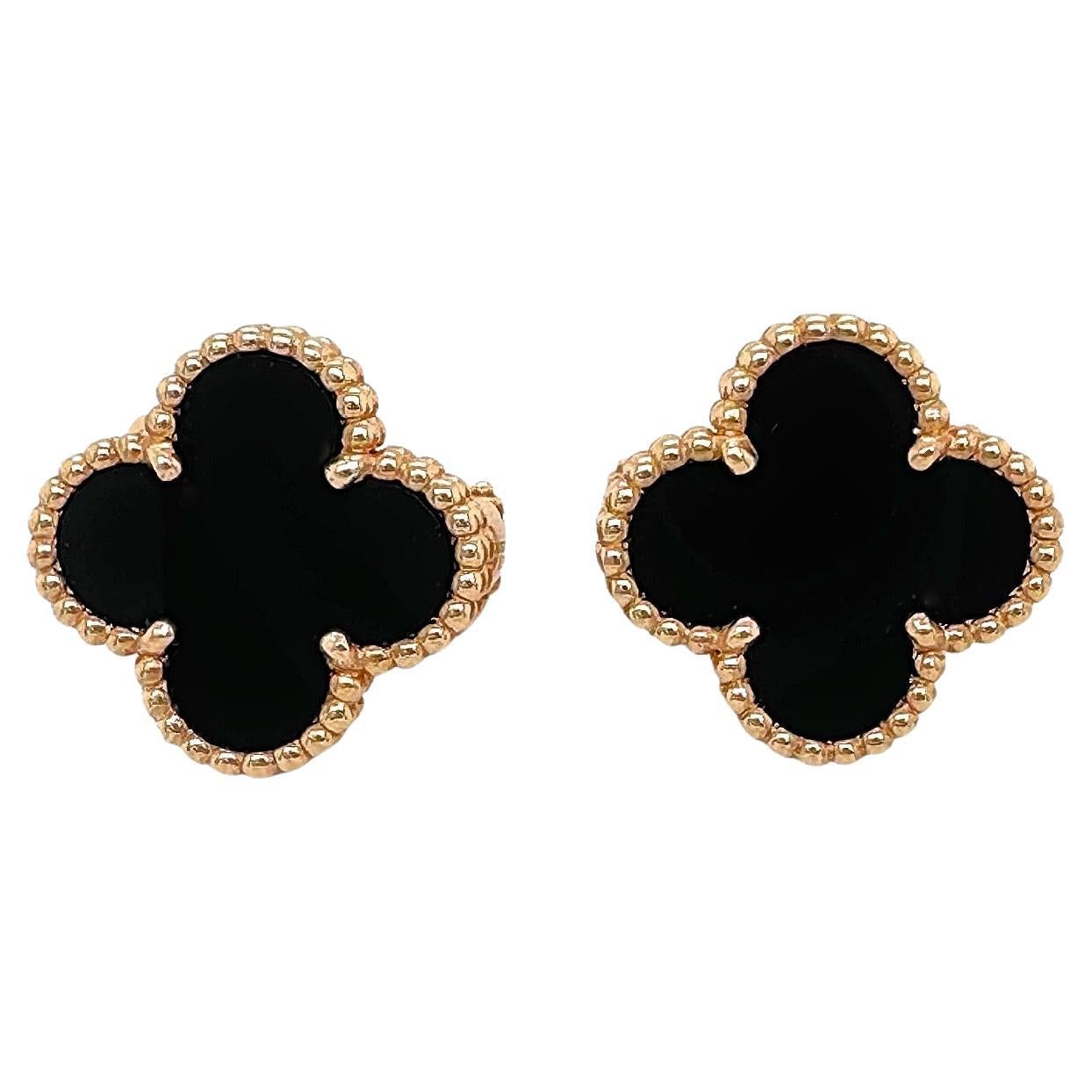 Van Cleef & Arpels Vintage Alhambra Black Onyx 18kt YG Earrings Full Set COA Box For Sale