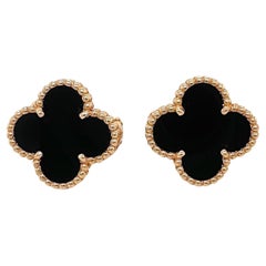Van Cleef & Arpels Boucles d'oreilles vintage Alhambra en onyx noir 18 carats avec boîte en métal argenté