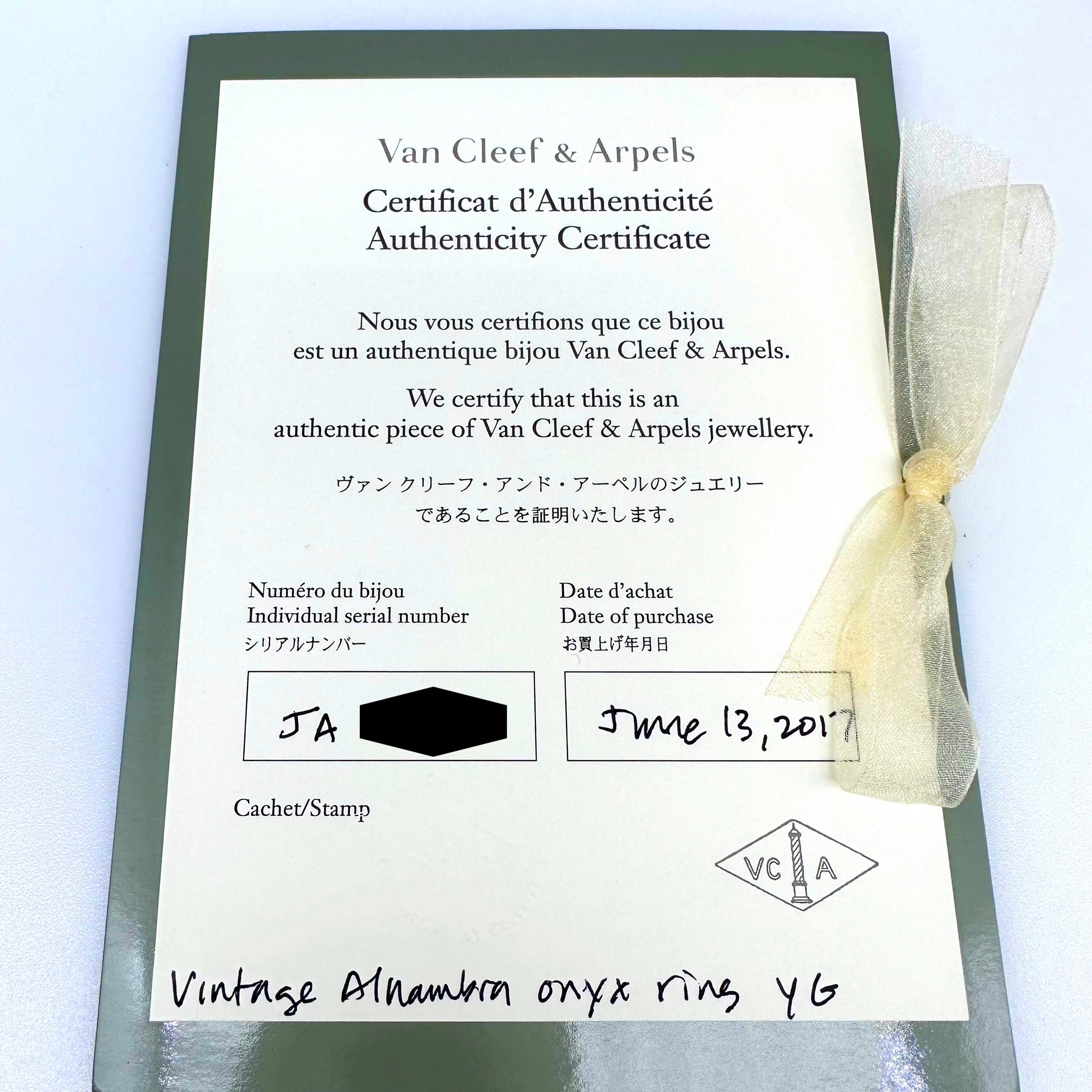 Van Cleef & Arpels Vintage Alhambra Black Onyx and Diamond Ring 18kt YG COA Box For Sale 6