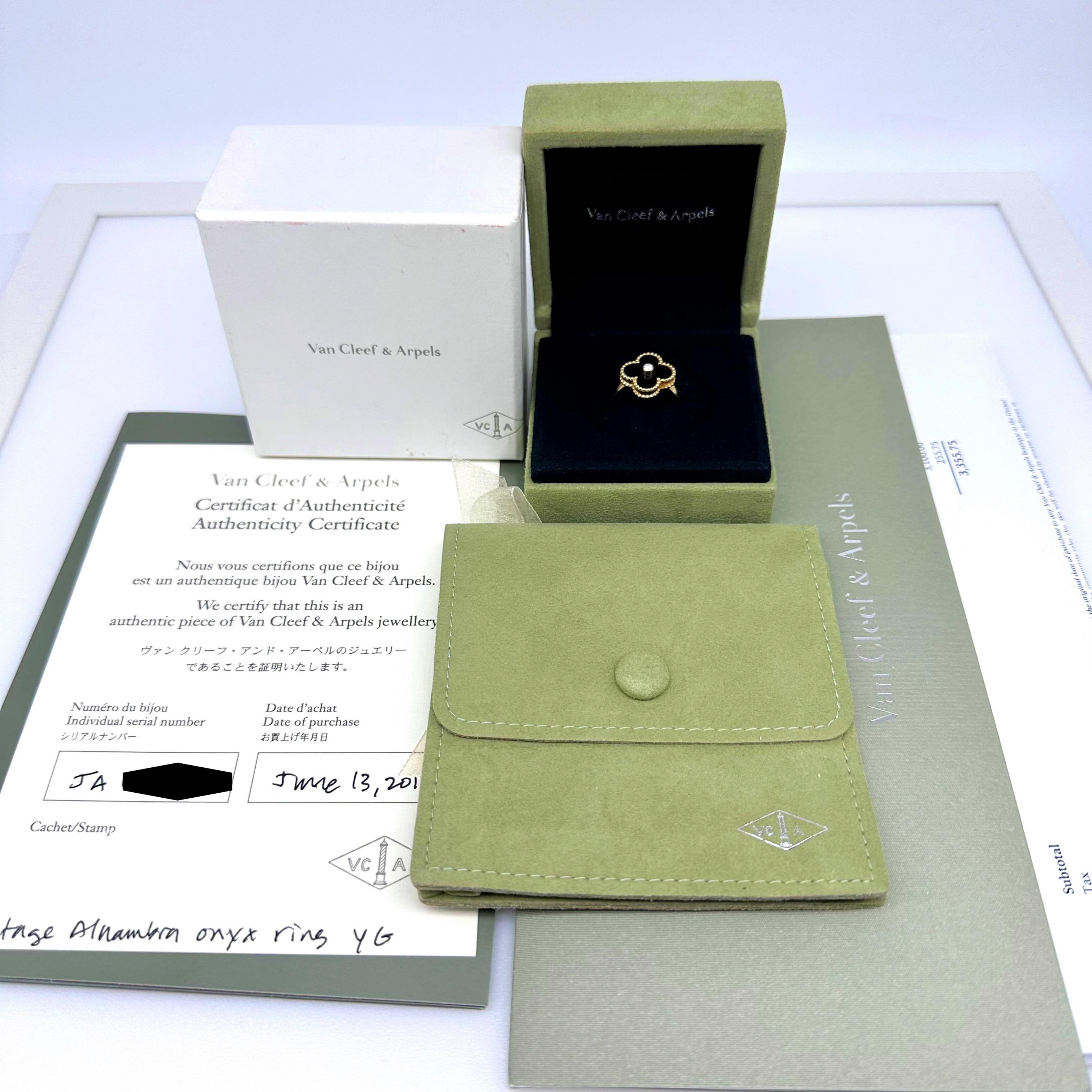Van Cleef & Arpels Vintage Alhambra Black Onyx Ring
Style:  Bezel Set
Ref. number:  JAO*****
Metal:  18kt Yellow Gold
Size:  US 4.5 / 48 VCA
TCW:  0.06 cts
Main Diamond:  Round Brilliant Diamond
Accent Gemstone:  Black Onyx Clover
Hallmark:  VCA