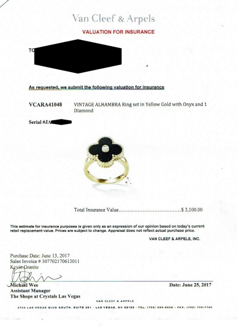 Women's or Men's Van Cleef & Arpels Vintage Alhambra Black Onyx and Diamond Ring 18kt YG COA Box For Sale