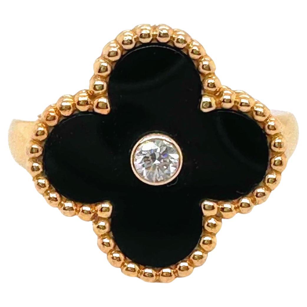 Van Cleef & Arpels Vintage Alhambra Black Onyx and Diamond Ring 18kt YG COA Box For Sale