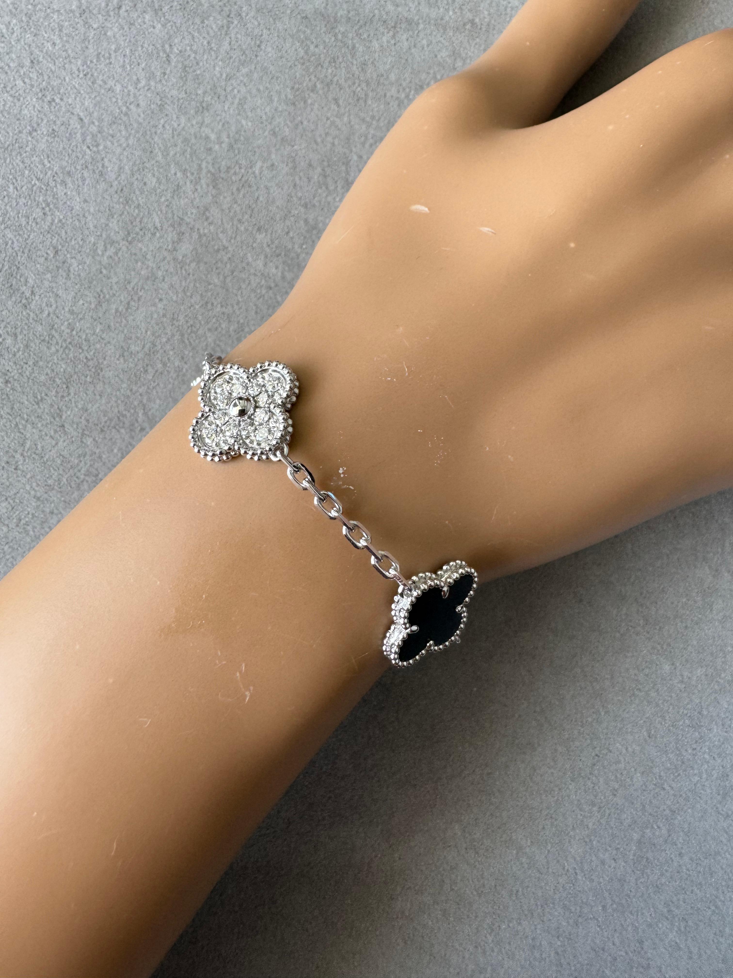 Van Cleef & Arpels Vintage Alhambra Black Onyx Diamond Motif White Gold Bracelet 4