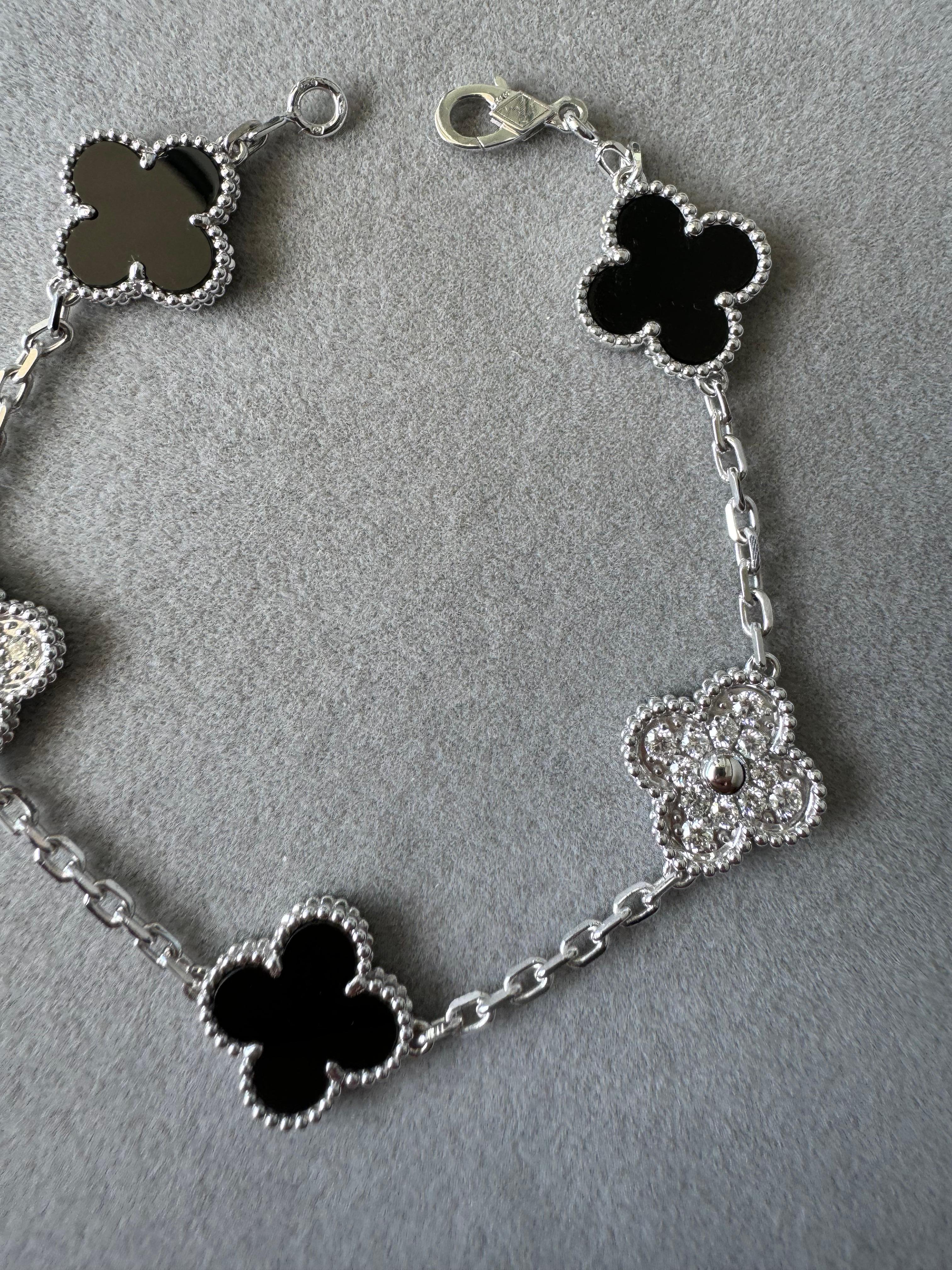 Modern Van Cleef & Arpels Vintage Alhambra Black Onyx Diamond Motif White Gold Bracelet