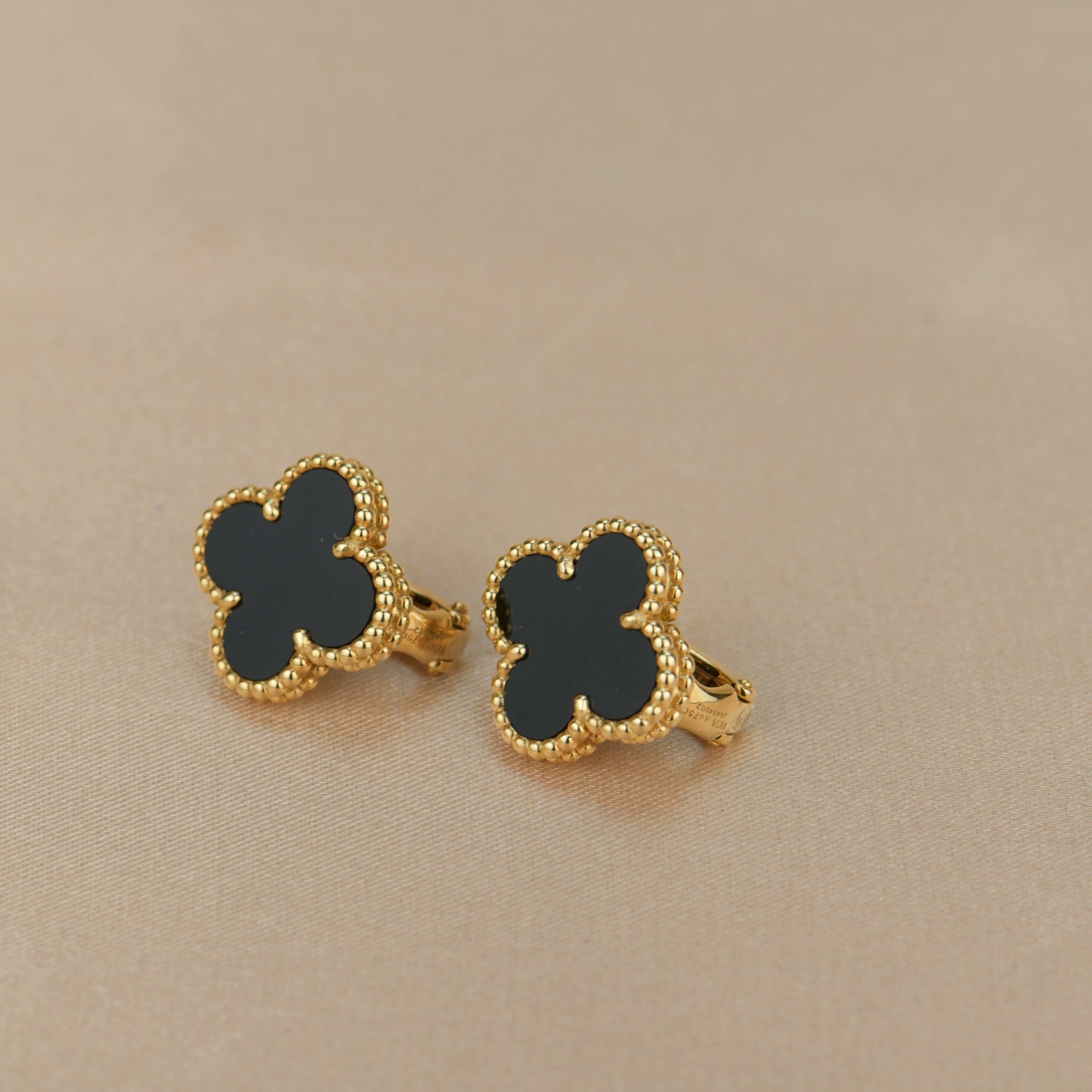 Uncut Van Cleef & Arpels Vintage Alhambra Black Onyx Yellow Gold Earrings