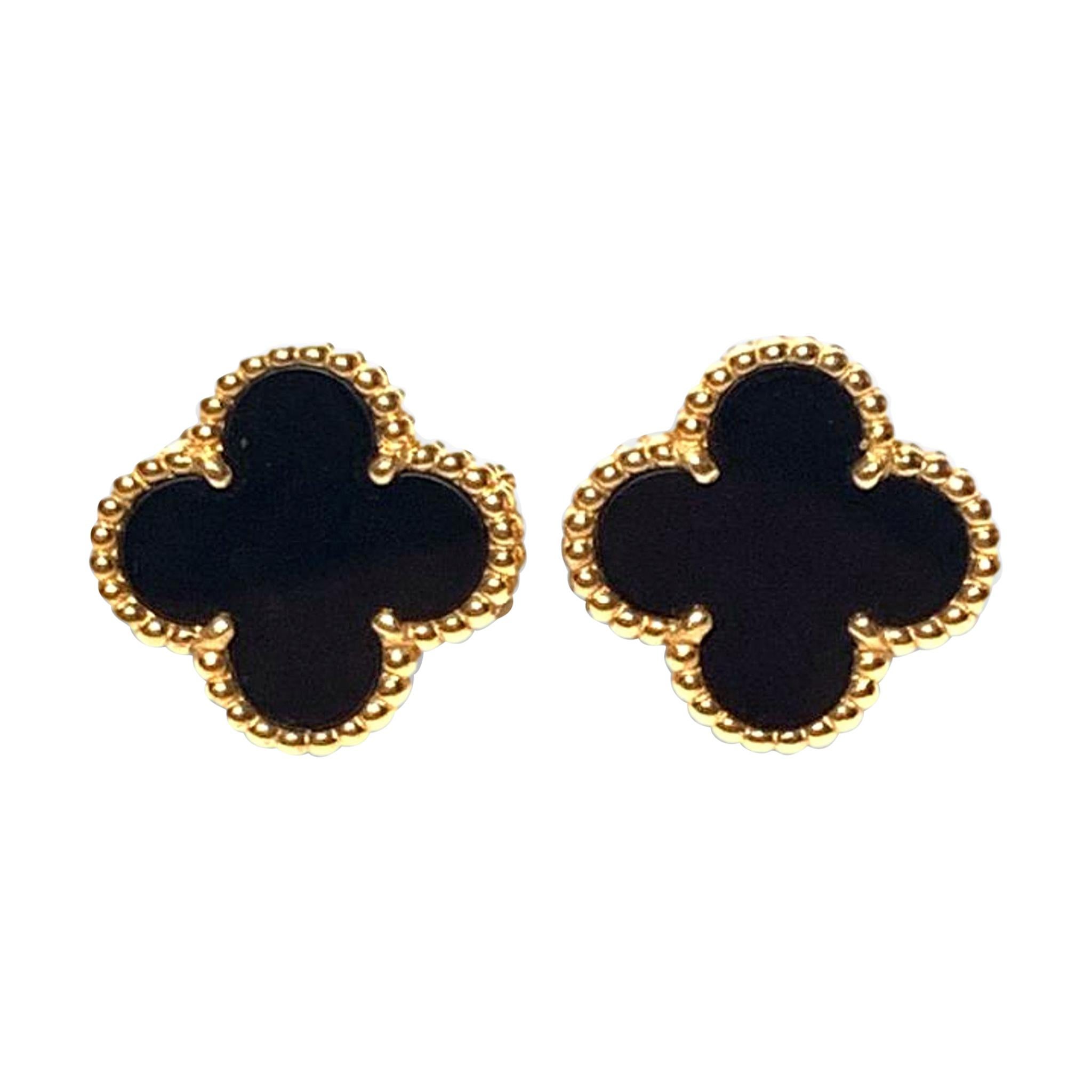 Van Cleef and Arpels Vintage Alhambra Black Onyx Yellow Gold Earrings ...