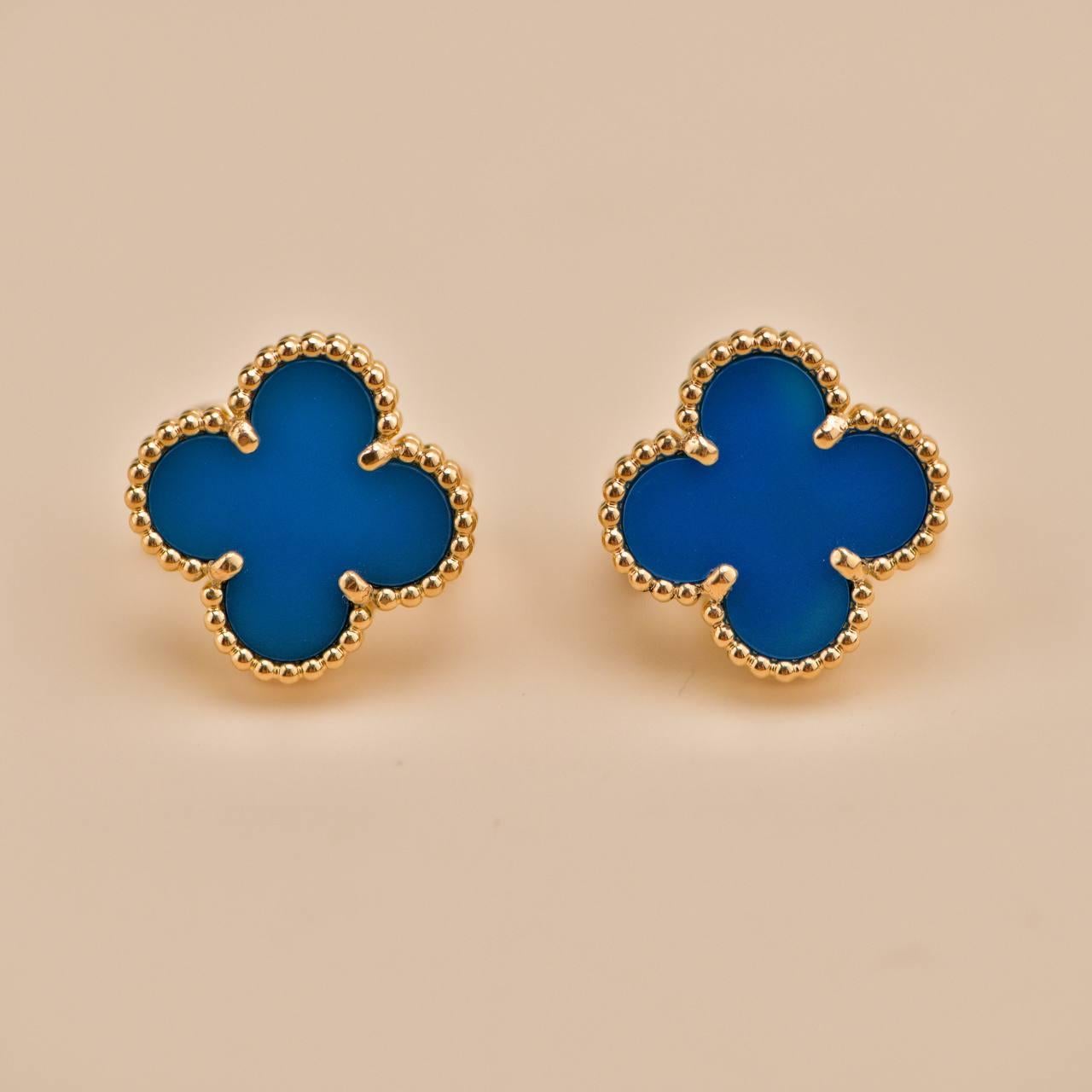 Women's or Men's Van Cleef & Arpels Vintage Alhambra Blue Agate 18K Yellow Gold Earrings For Sale