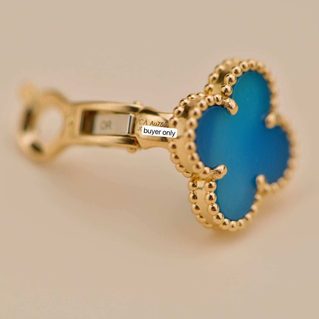 Van Cleef & Arpels Vintage Alhambra Blue Agate 18K Yellow Gold Earrings For Sale 3