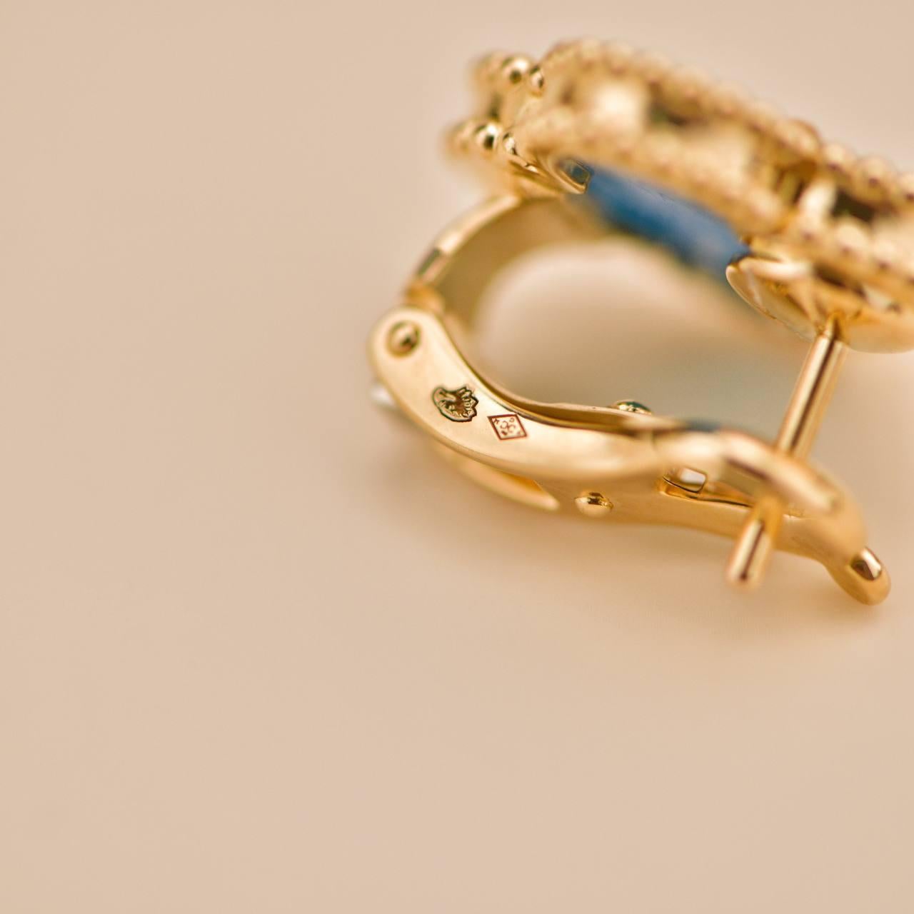 Van Cleef & Arpels Vintage Alhambra Blue Agate 18K Yellow Gold Earrings For Sale 4