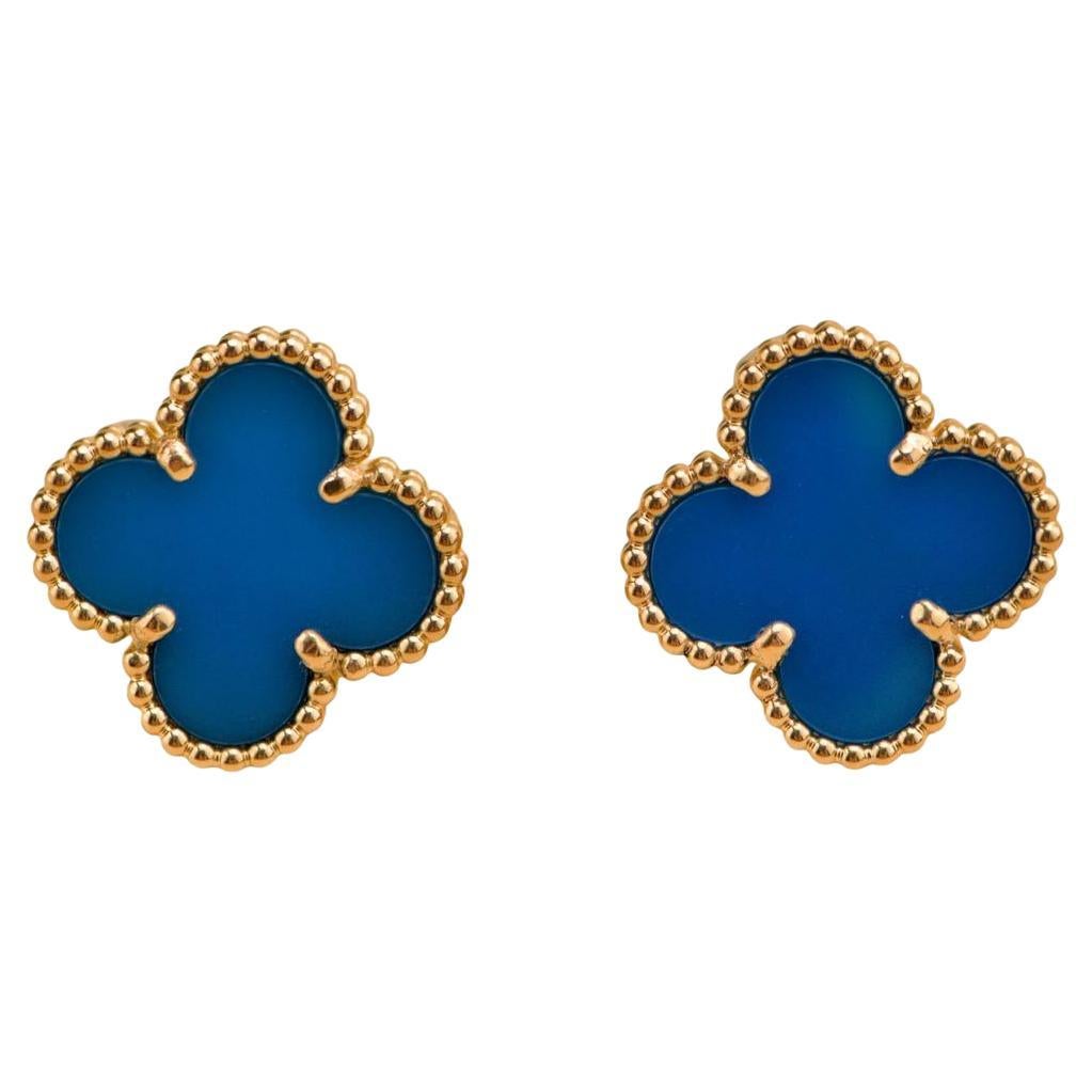 Van Cleef & Arpels Vintage Alhambra Blue Agate 18K Yellow Gold Earrings