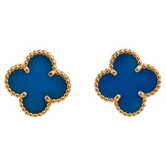 Van Cleef & Arpels, boucles d'oreilles vintage Alhambra en or jaune 18 carats et agate bleue
