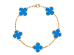 Van Cleef & Arpels Vintage Alhambra Blue Agate 5 Motifs 18K Yellow Gold Bracelet