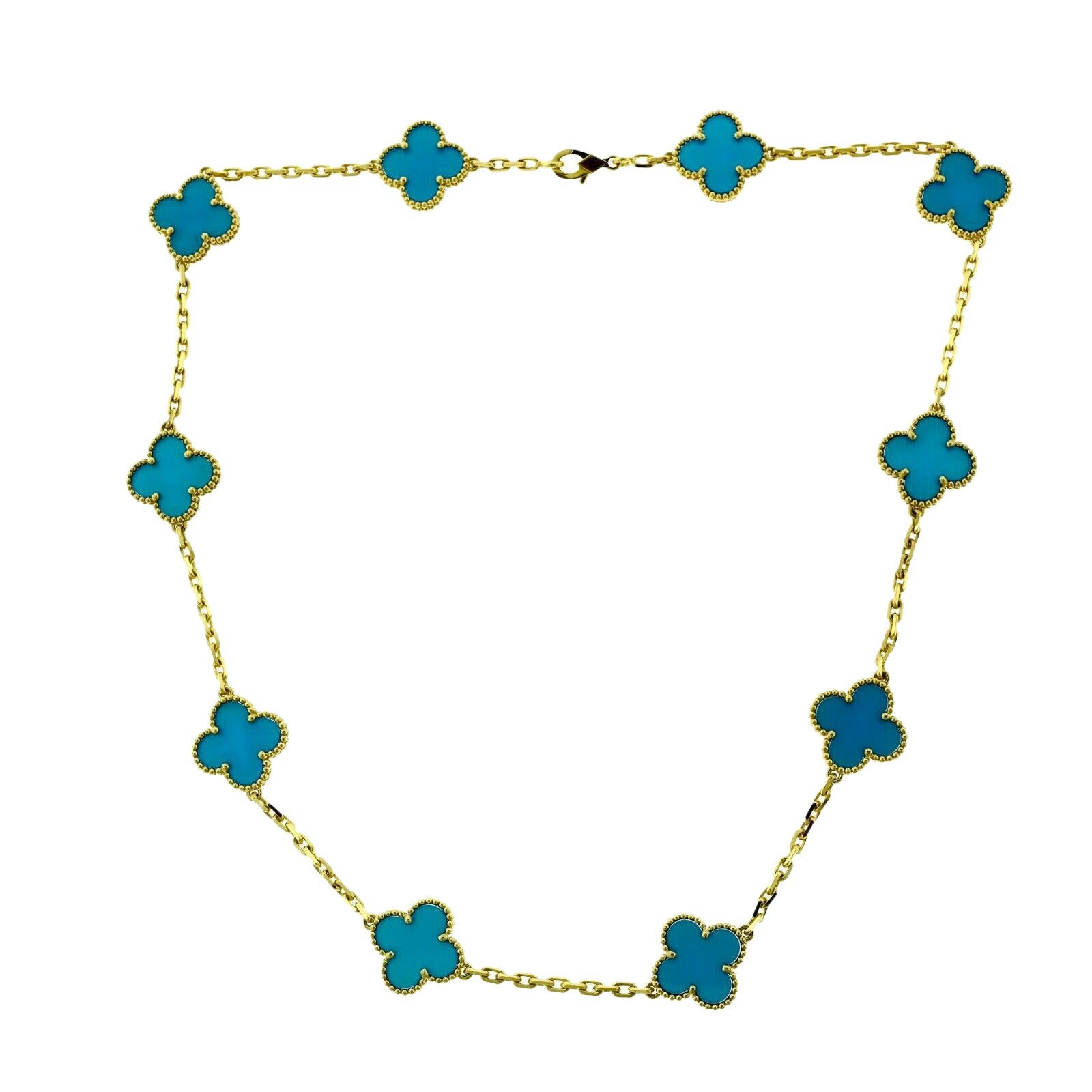 

Designer: Van Cleef & Arpels

Collection: Vintage Alhambra

Type: 10 Motif Necklace

Metal: Yellow Gold

Metal Purity: 18k

Stones: Blue Agate 

Motif Dimensions: approx. 12.54 x 14.67 mm

Total Item Weight (grams): 23.6

Necklace Length: 16
