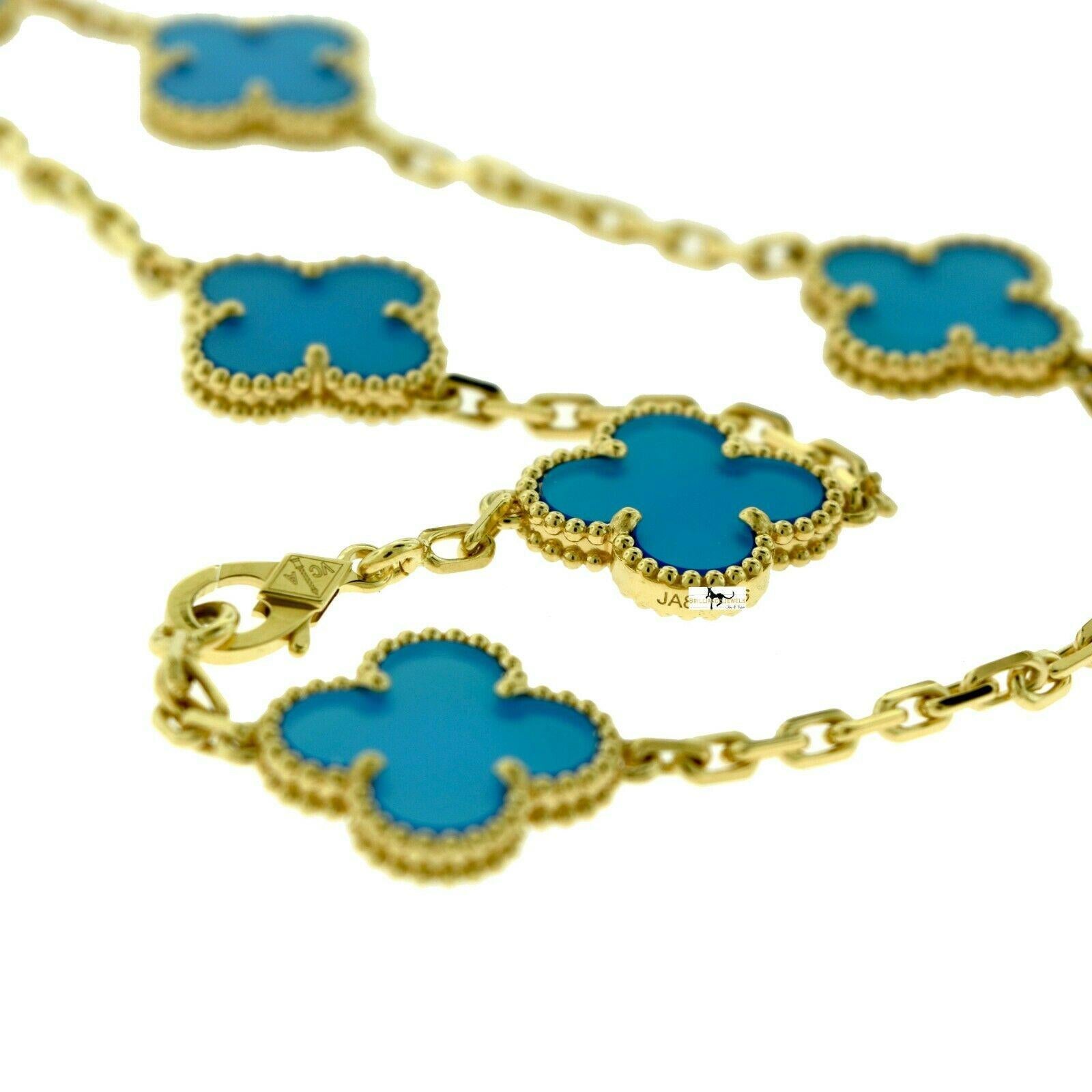 Taille cabochon Van Cleef & Arpels, collier vintage Alhambra à 10 motifs en or jaune et agate bleue