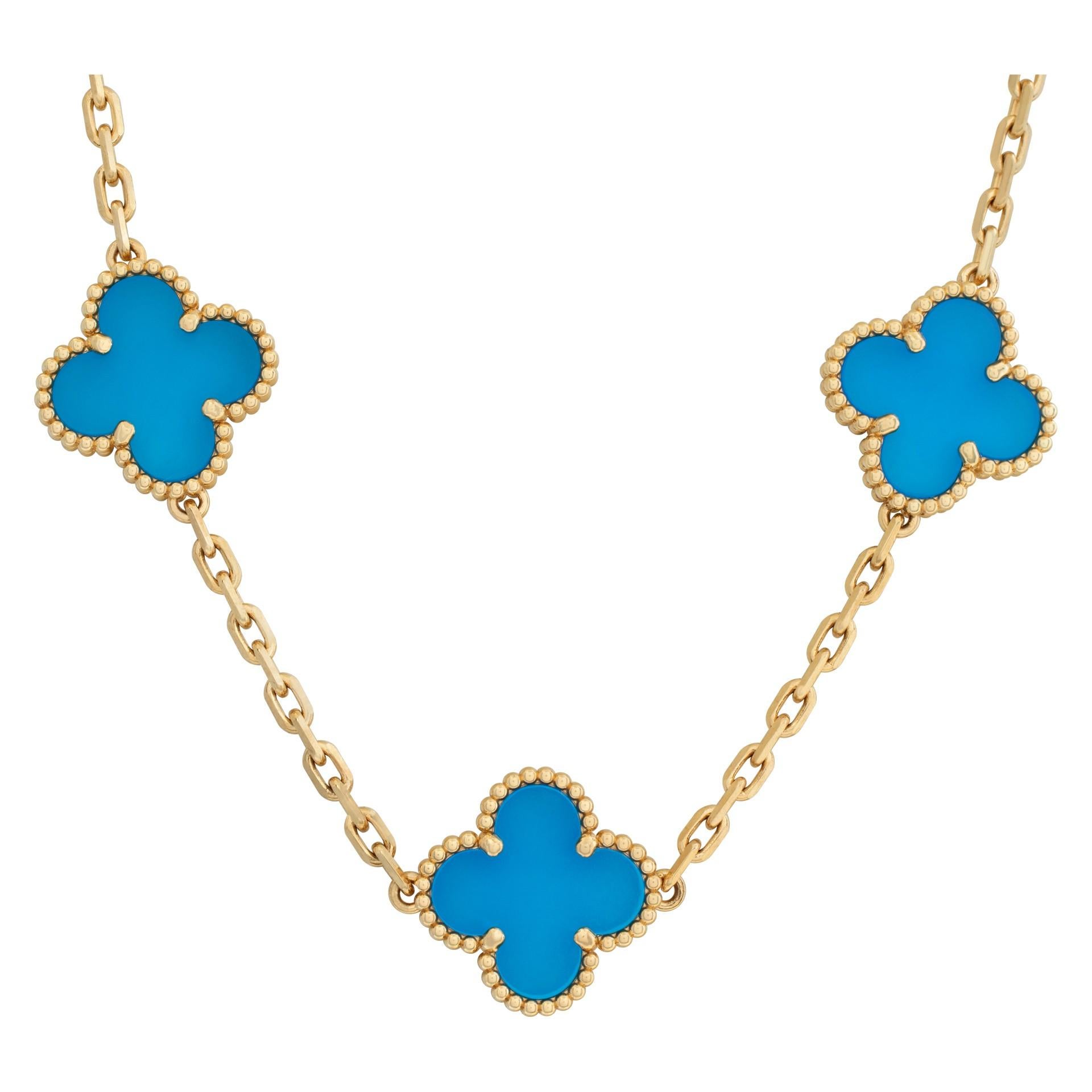 Modern Van Cleef & Arpels Vintage Alhambra Blue Agate Yellow Gold 10 Motif Necklace