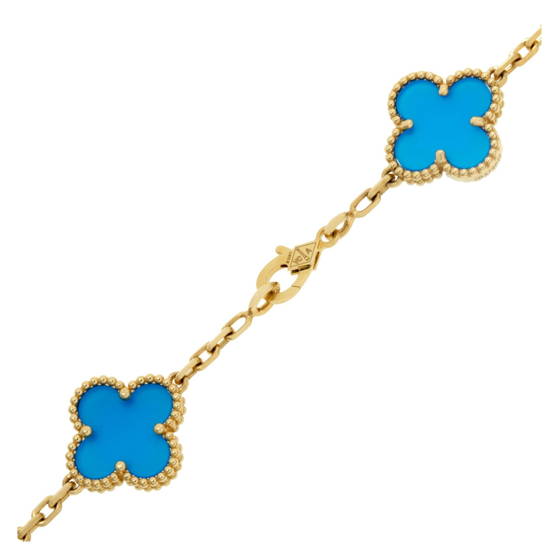 Cabochon Van Cleef & Arpels Vintage Alhambra Blue Agate Yellow Gold 10 Motif Necklace For Sale