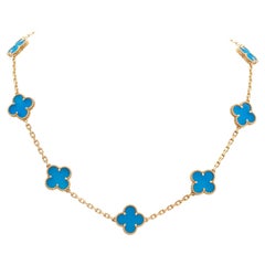 Van Cleef & Arpels Vintage Alhambra Blue Agate Yellow Gold 10 Motif Necklace
