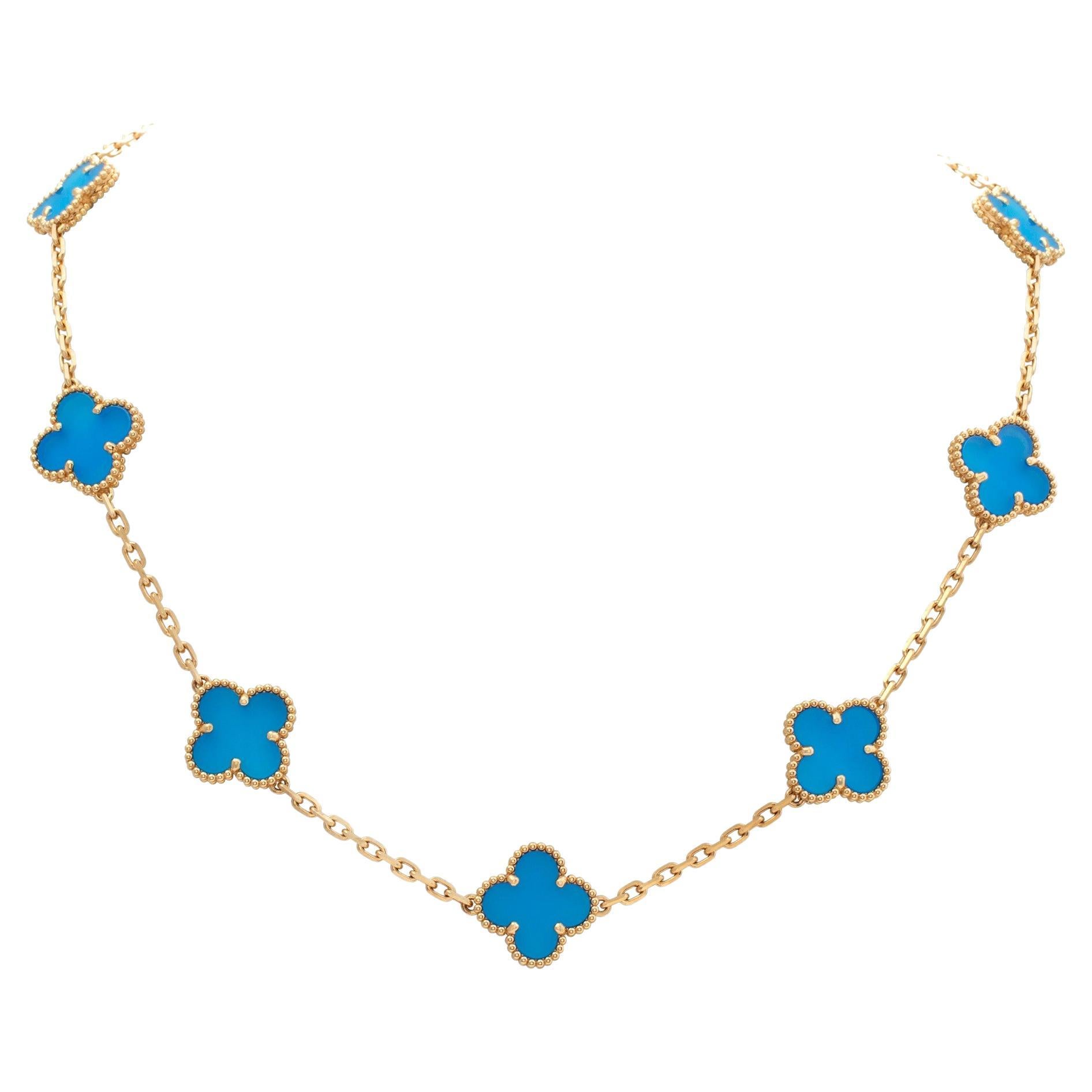 Van Cleef & Arpels Vintage Alhambra Blue Agate Yellow Gold 10 Motif Necklace For Sale
