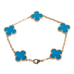 Van Cleef & Arpels Vintage Alhambra Blue Agate Yellow Gold 5 Motif Bracelet Rare