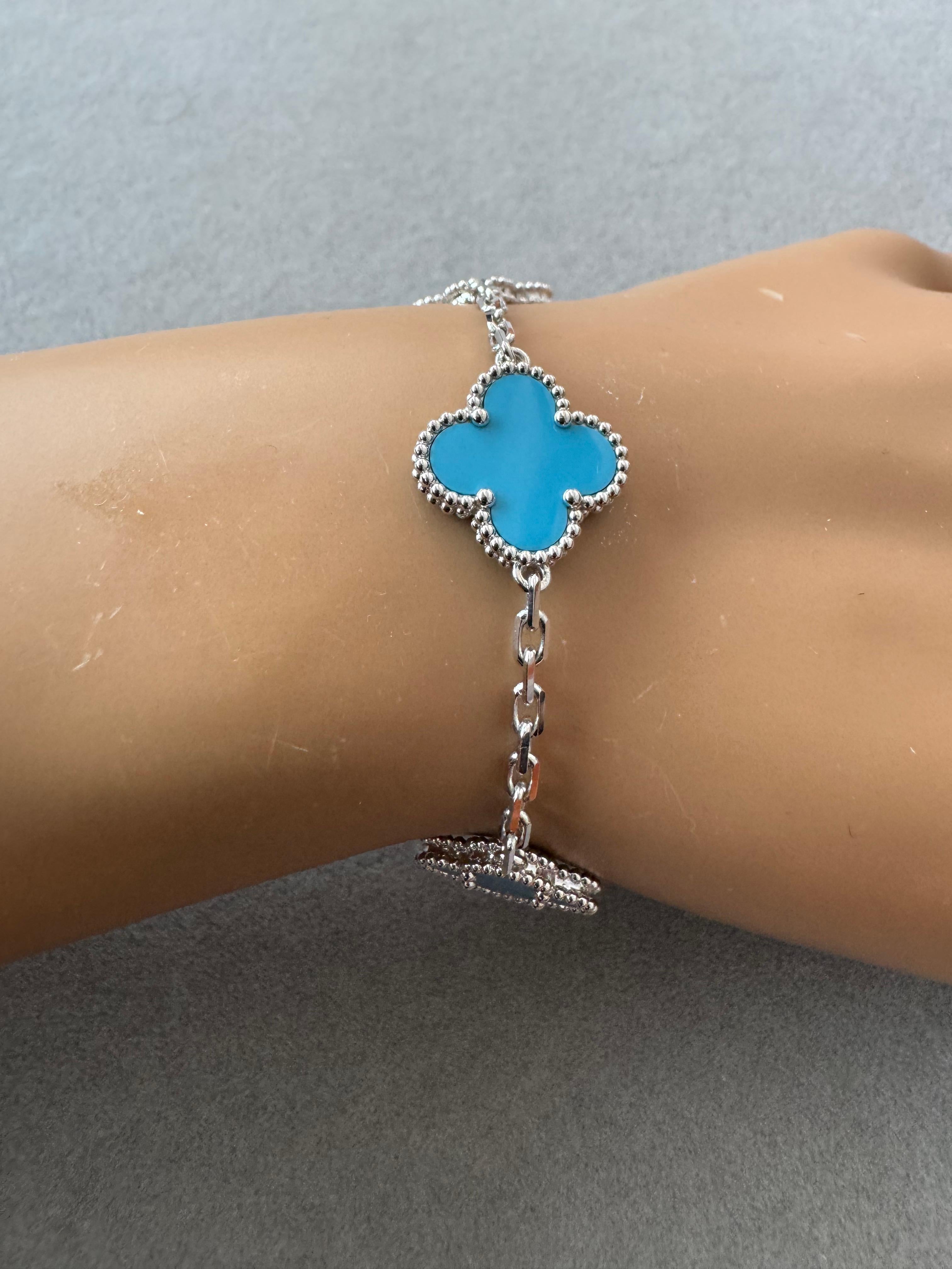 Van Cleef & Arpels Vintage Alhambra Blue Turquoise 18 Karat White Gold Bracelet 4