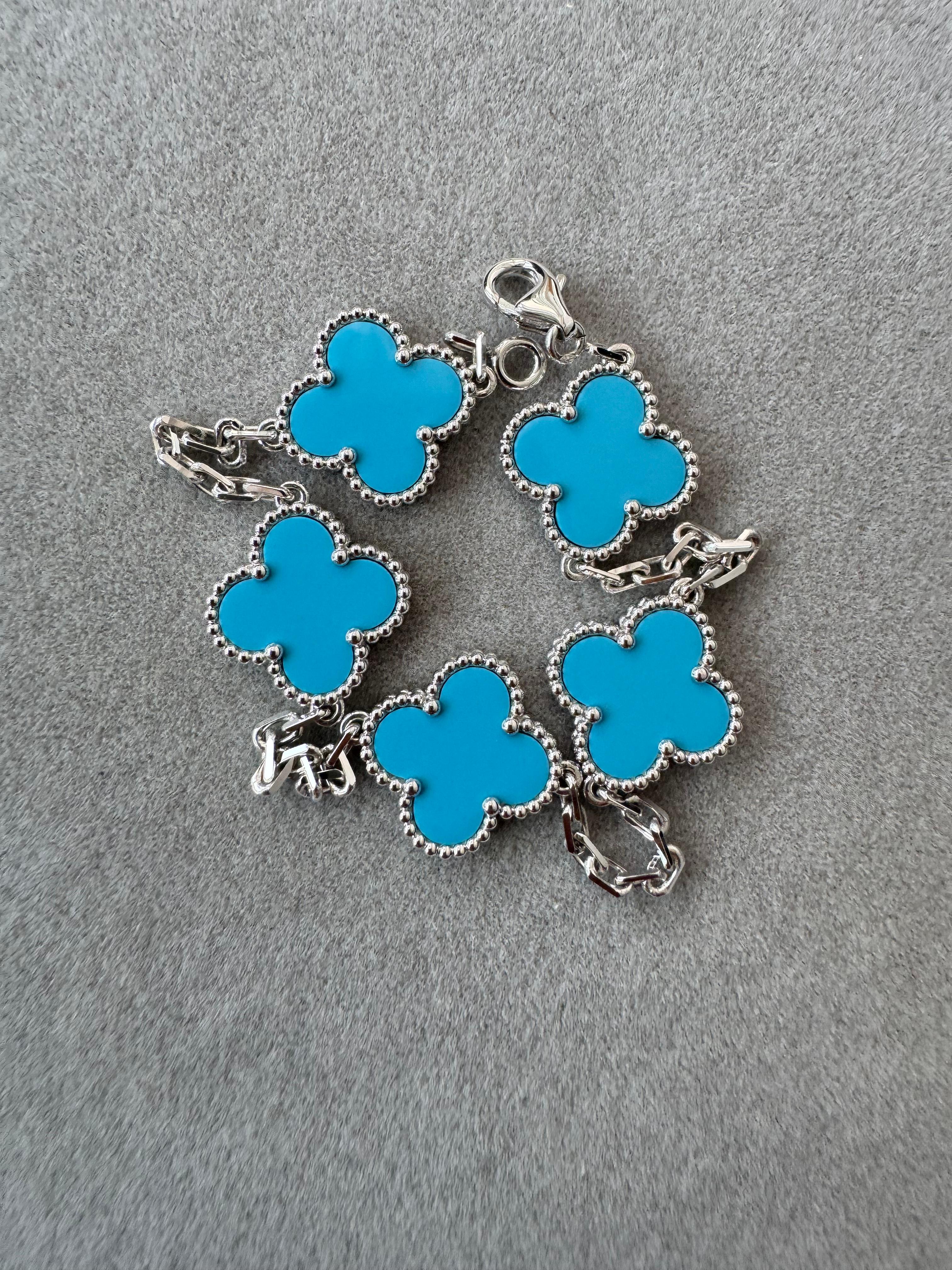 Modern Van Cleef & Arpels Vintage Alhambra Blue Turquoise 18 Karat White Gold Bracelet