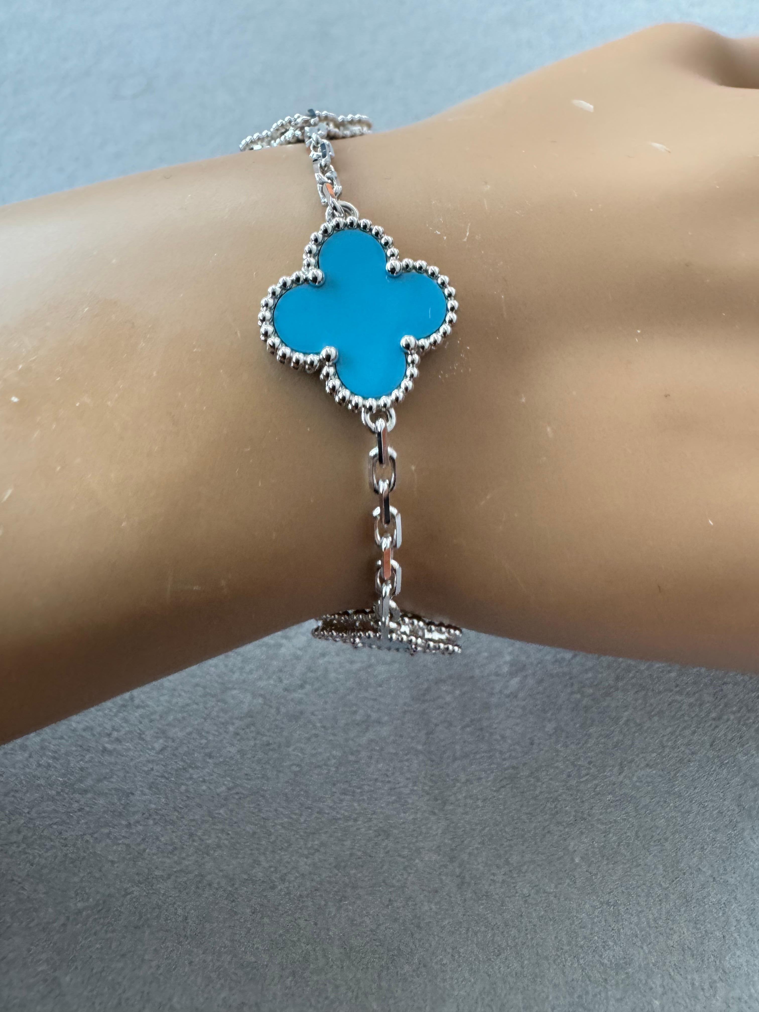 Van Cleef & Arpels Vintage Alhambra Blue Turquoise 18 Karat White Gold Bracelet 3