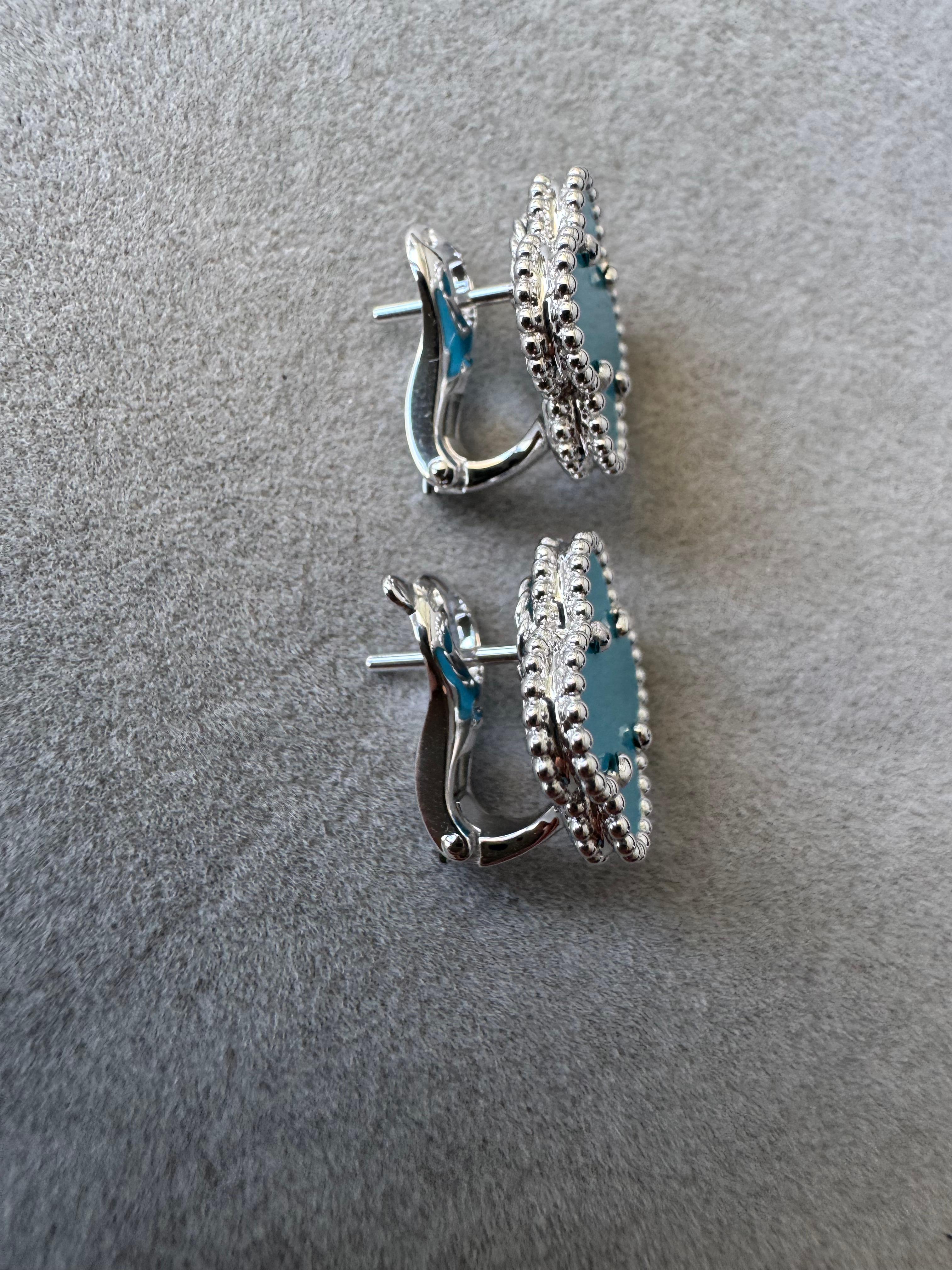 Pendientes de clip Van Cleef & Arpels Vintage Alhambra Turquesa Azul Oro Blanco 18K 9